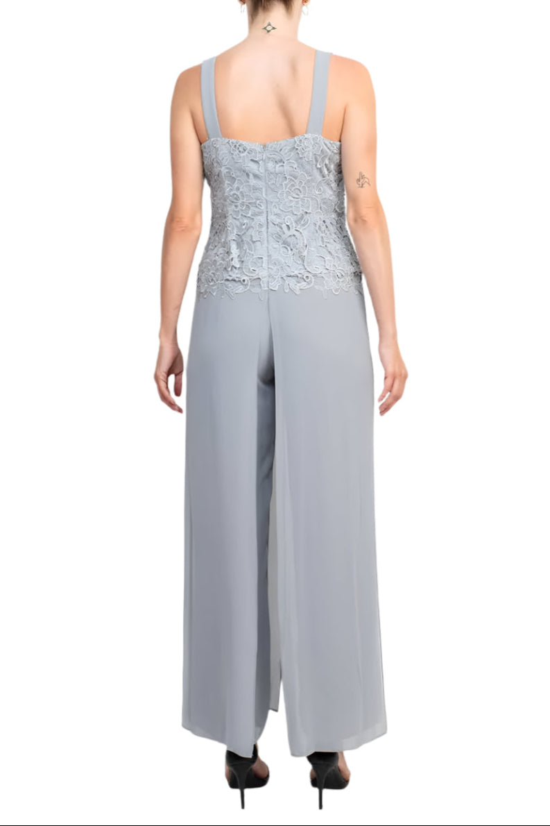 Marina Sweet Heart Neck Sleeveless Back Zipper Wide Leg Jumpsuit With Matching Lace Jacket - SILVER - Back Without Jacket