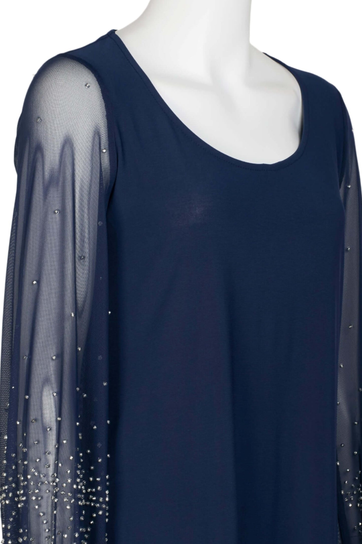 Marina Scoop Neck Embellished Chiffon Long Sleeve Slit Side Top and Elastic Mid Waist Wide Leg Jersey Two Piece Pant Set - NAVY - Side