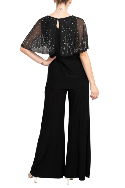 Black Scoop-Neck Full-Length Chiffon Evening Pant Suit with Beaded Capelet Marina 267490