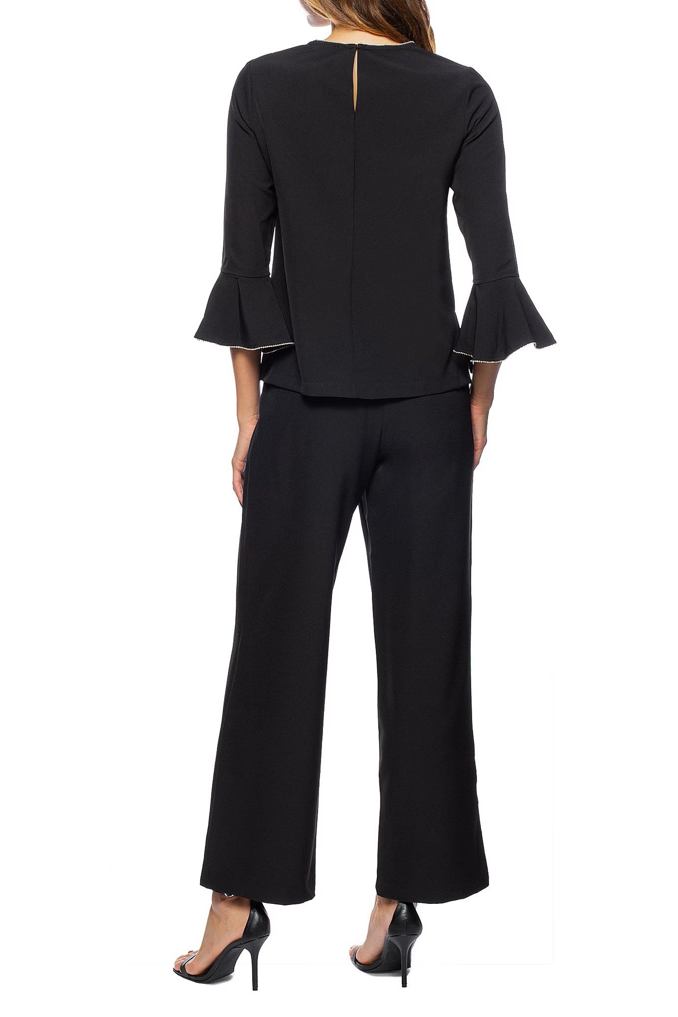 Marina Embellished Round Neck Circular Sleeve Keyhole Back Stretch Crepe Top with Elastic Mid Waist Pant (2 Piece Set) - BLACK - Back