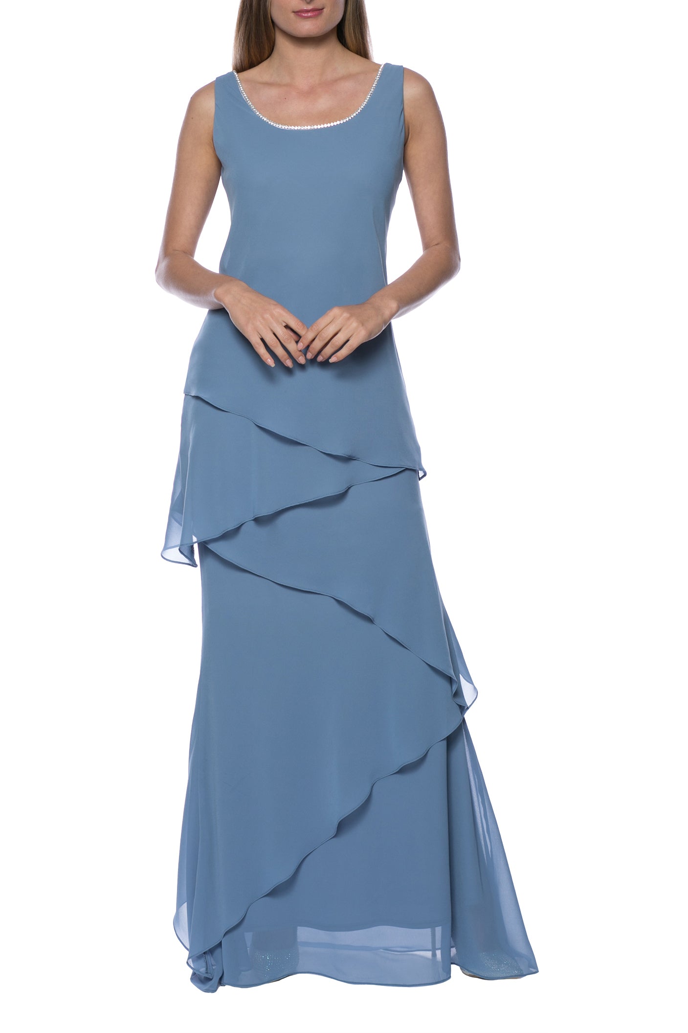 Marina Embellished Scoop Neck Sleeveless Tiered Solid Chiffon Dress with Matching Long Sleeve Jacket - DIOR BLUE - Front Without Jacket