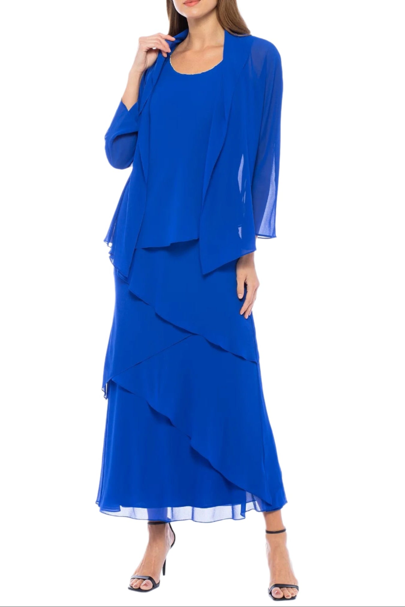 Marina Embellished Scoop Neck Sleeveless Tiered Solid Chiffon Dress with Matching Long Sleeve Jacket - COBALT - Front