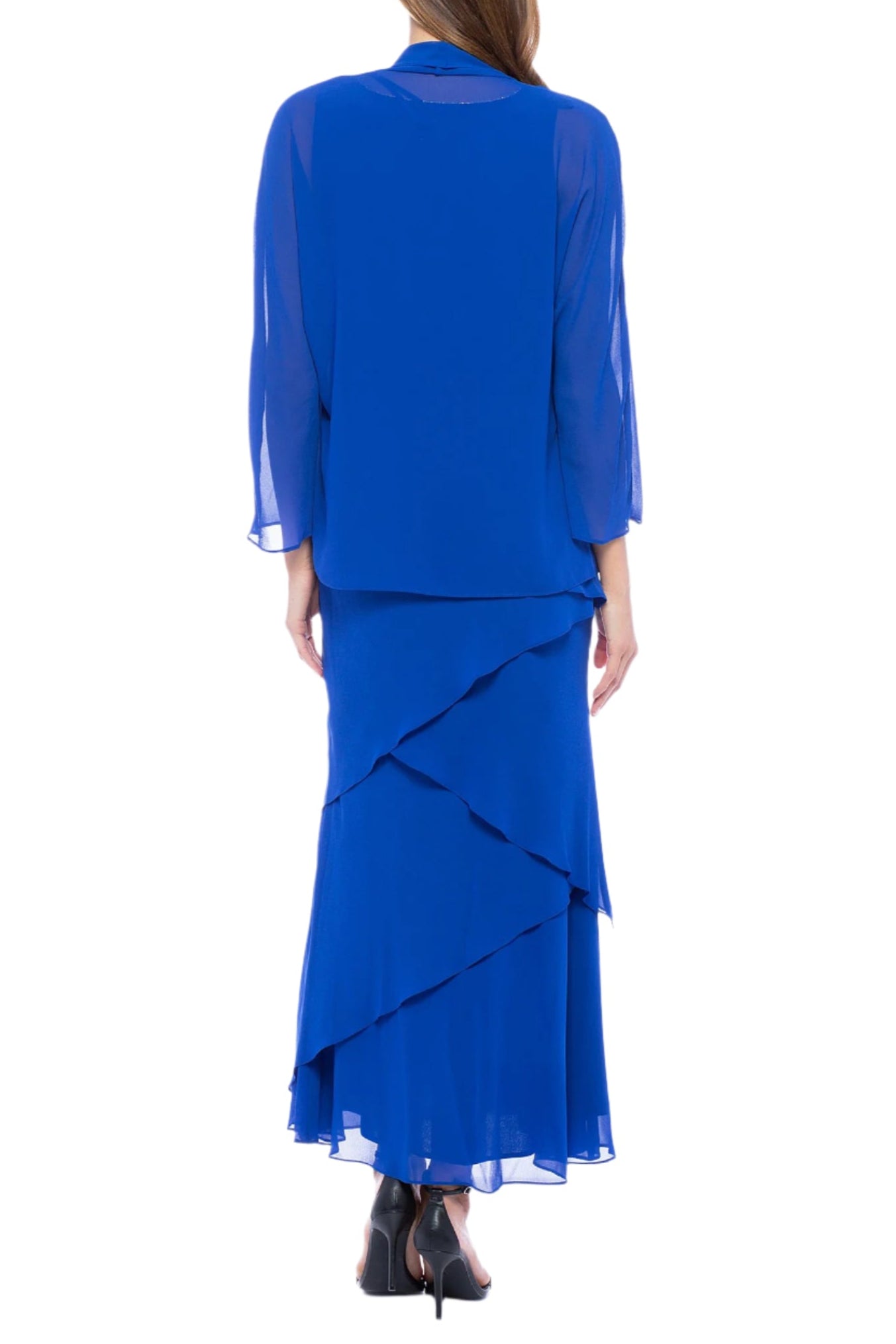 Marina Embellished Scoop Neck Sleeveless Tiered Solid Chiffon Dress with Matching Long Sleeve Jacket - COBALT - Back