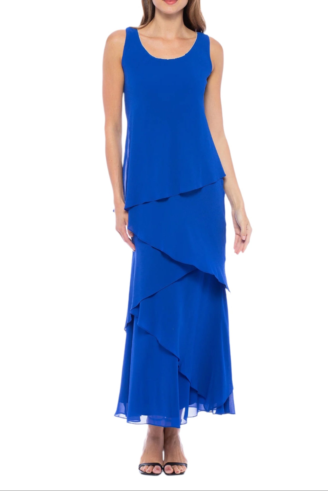 Marina Embellished Scoop Neck Sleeveless Tiered Solid Chiffon Dress with Matching Long Sleeve Jacket - COBALT - Front Without Jacket