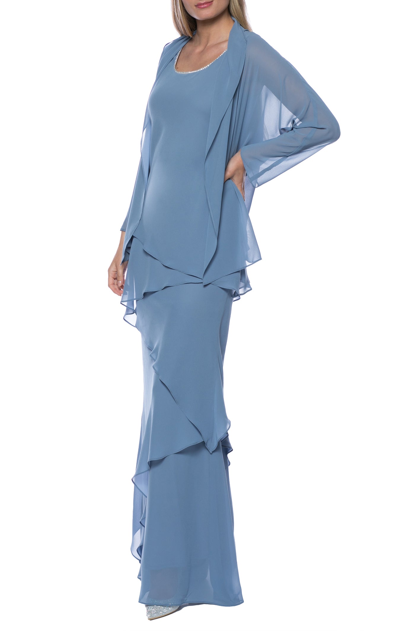 Marina Embellished Scoop Neck Sleeveless Tiered Solid Chiffon Dress with Matching Long Sleeve Jacket - DIOR BLUE - Front