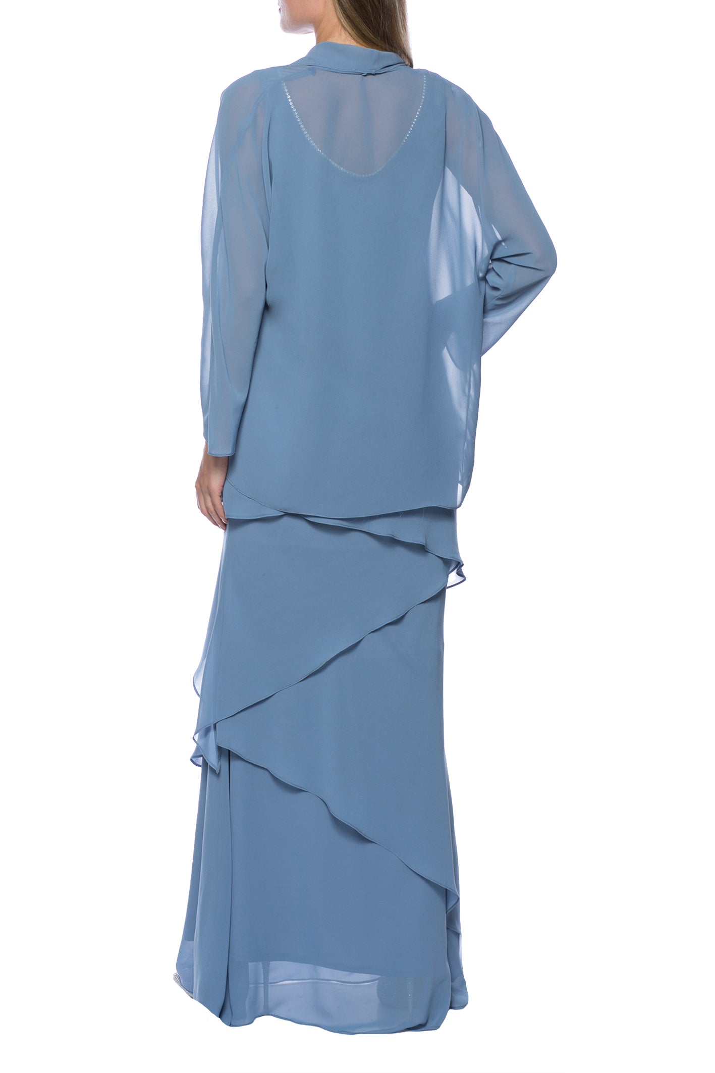 Marina Embellished Scoop Neck Sleeveless Tiered Solid Chiffon Dress with Matching Long Sleeve Jacket - DIOR BLUE - Back