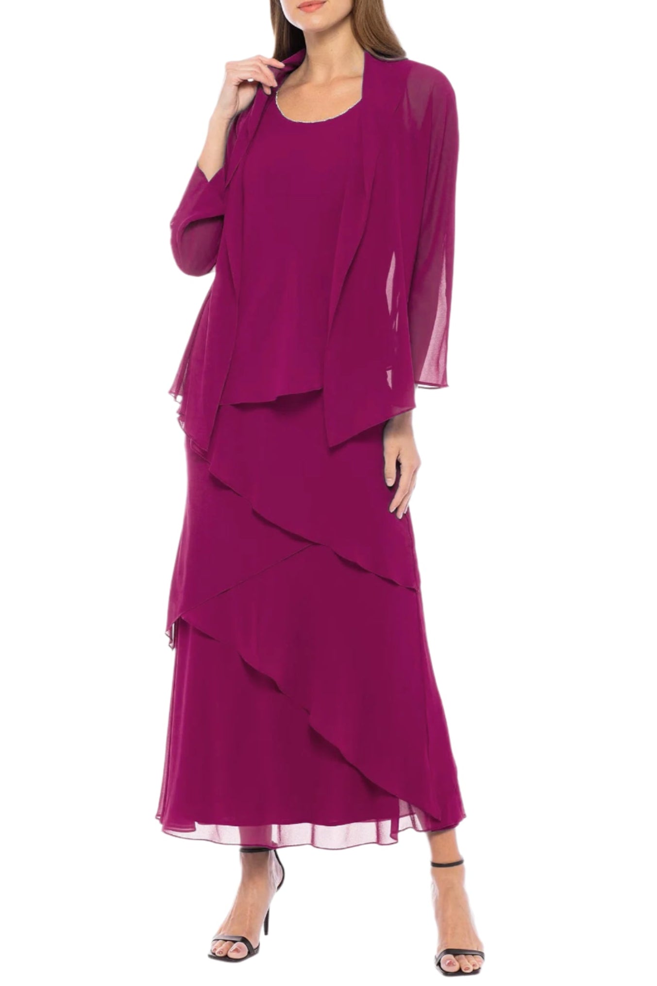 Marina Embellished Scoop Neck Sleeveless Tiered Solid Chiffon Dress with Matching Long Sleeve Jacket - FUCHSIA - Front View