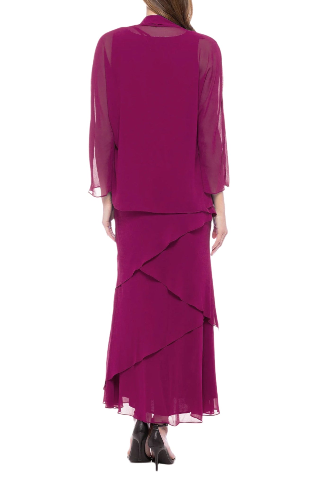 Marina Embellished Scoop Neck Sleeveless Tiered Solid Chiffon Dress with Matching Long Sleeve Jacket - FUCHSIA - Back