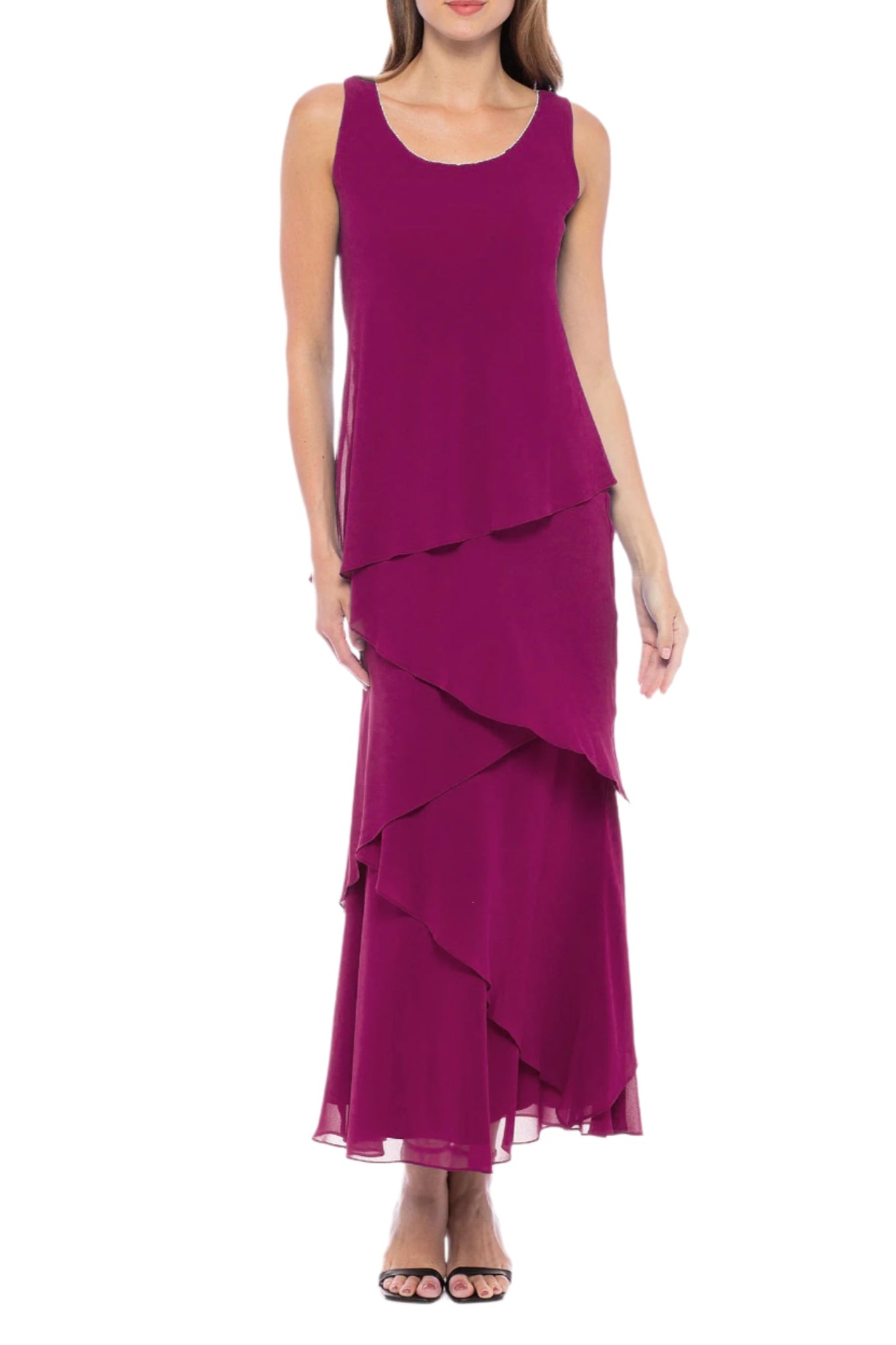 Marina Embellished Scoop Neck Sleeveless Tiered Solid Chiffon Dress with Matching Long Sleeve Jacket - FUCHSIA - Front
