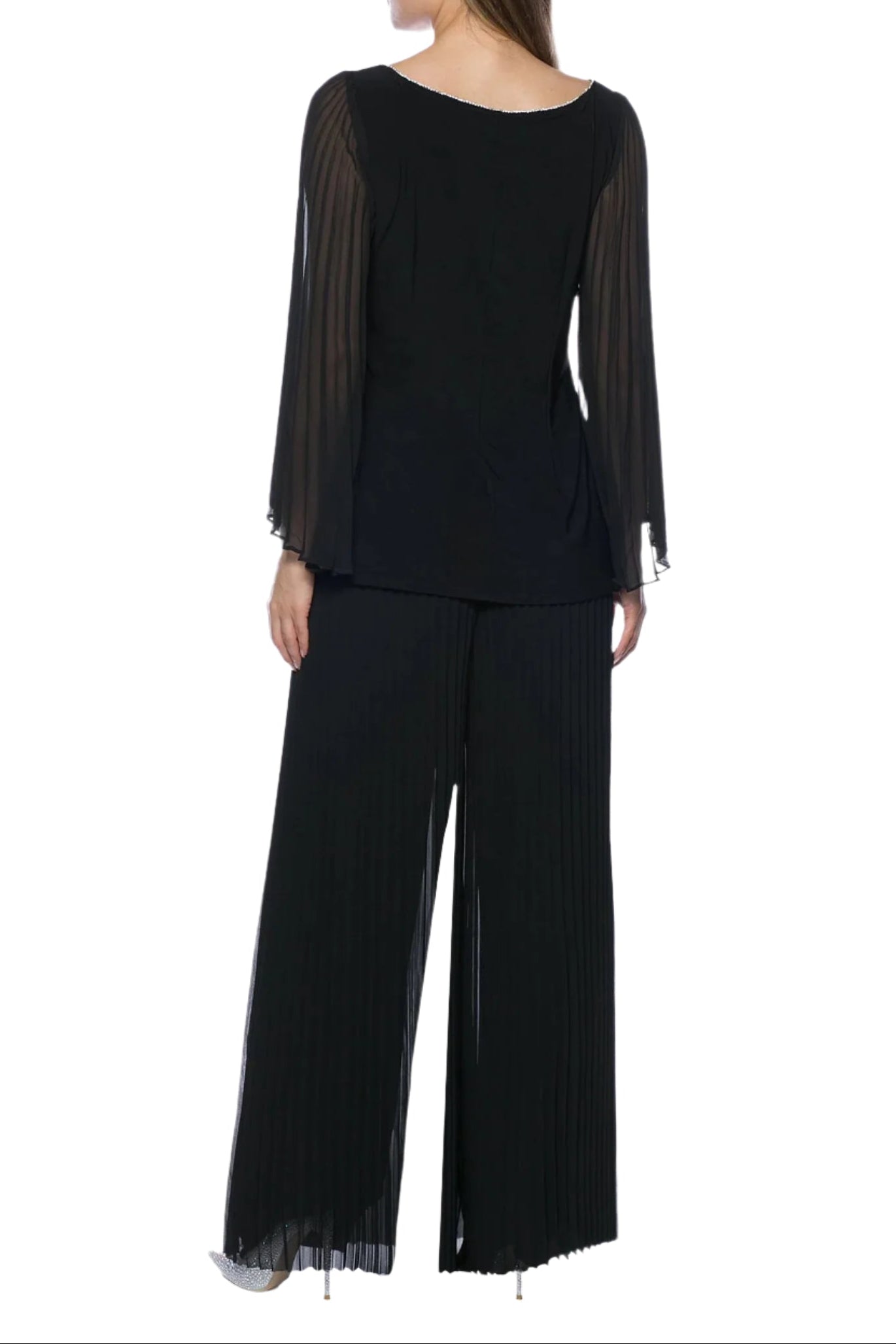 Marina Round Neck Pleated Chiffon Long Illusion Wing Sleeve 2 Piece Pant Set - BLACK - Back