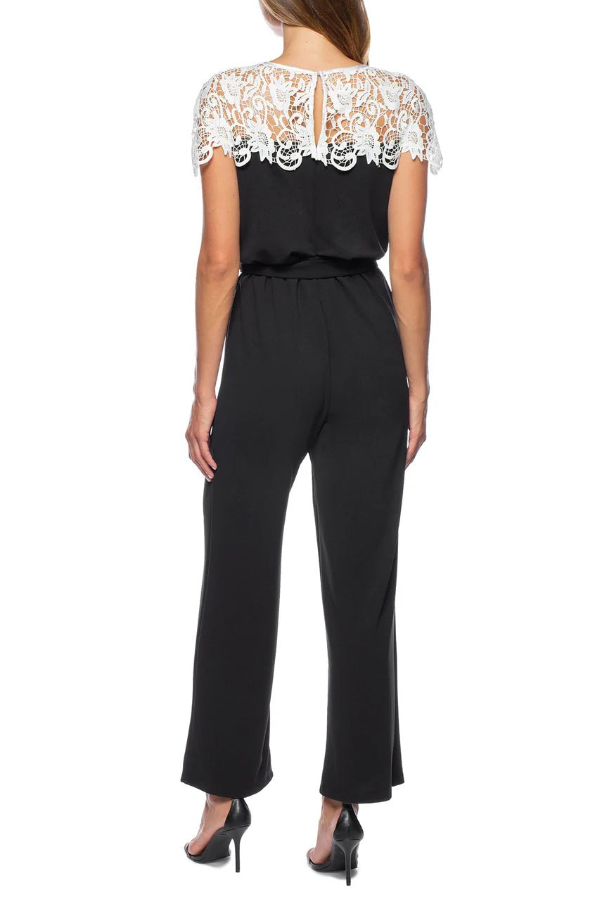 Marina Illusion Crew Lace Neck Elastic Tie Waist Keyhole Zipper Back Stretch Crepe Jumpsuit - IVORY BLACK - back