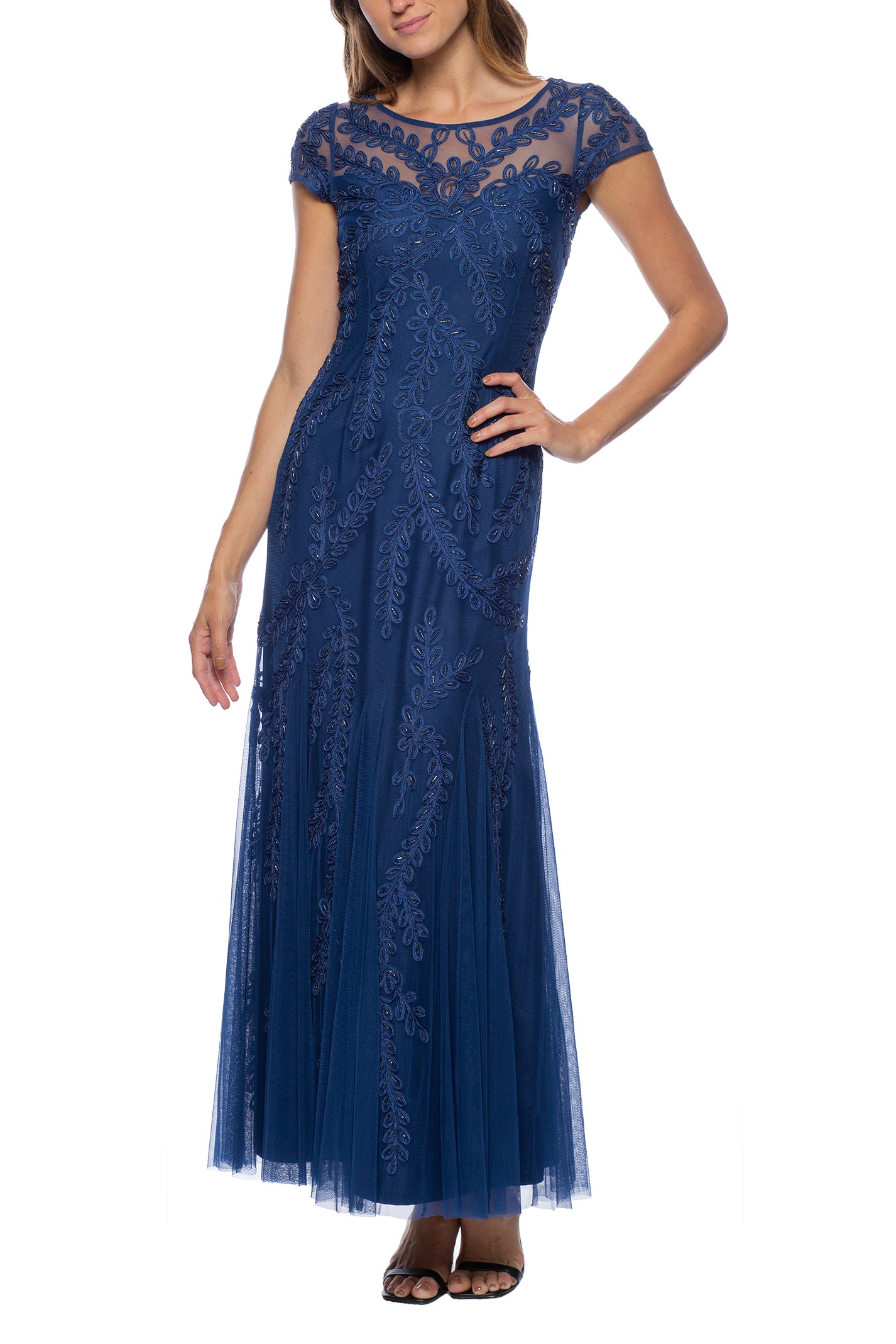 Marina Illusion Boat Neck Cap Sleeve Zipper Back Embellished Mesh Dress - Wholesale - NAVY -  FRONT