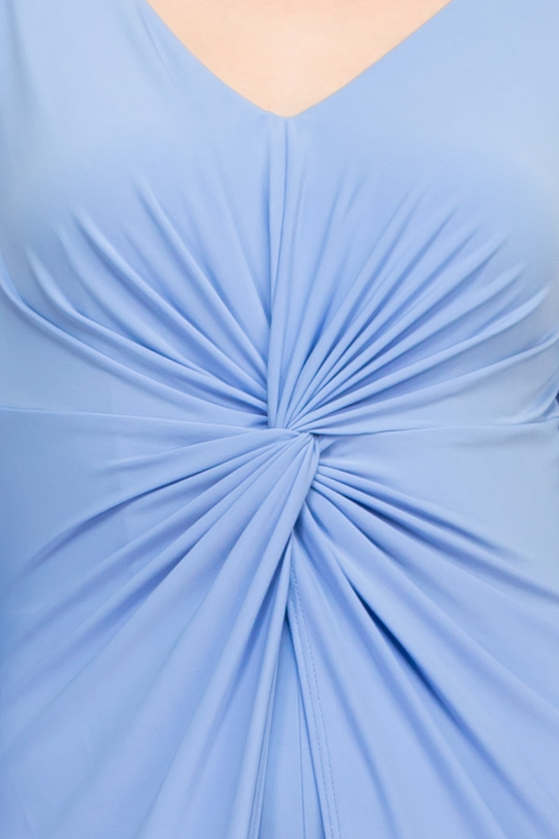 Marina V Neck Long Beaded Sleeves Back Zipper Knot Twist Jersey Jumpsuit - PERIWINKLE - Fabric