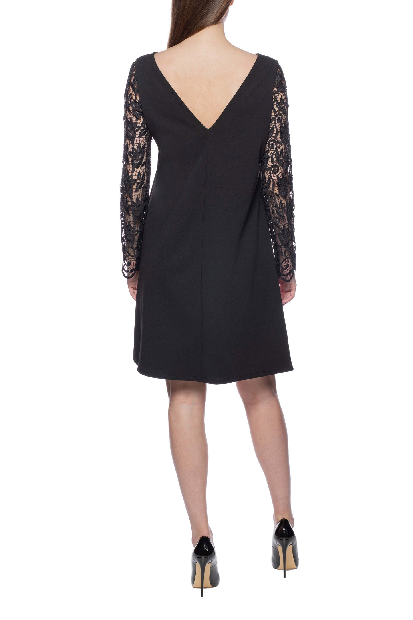 Marina Boat Neck Long Lace Sleeves Back Zipper Short Crepe Dress - BLACK - Back