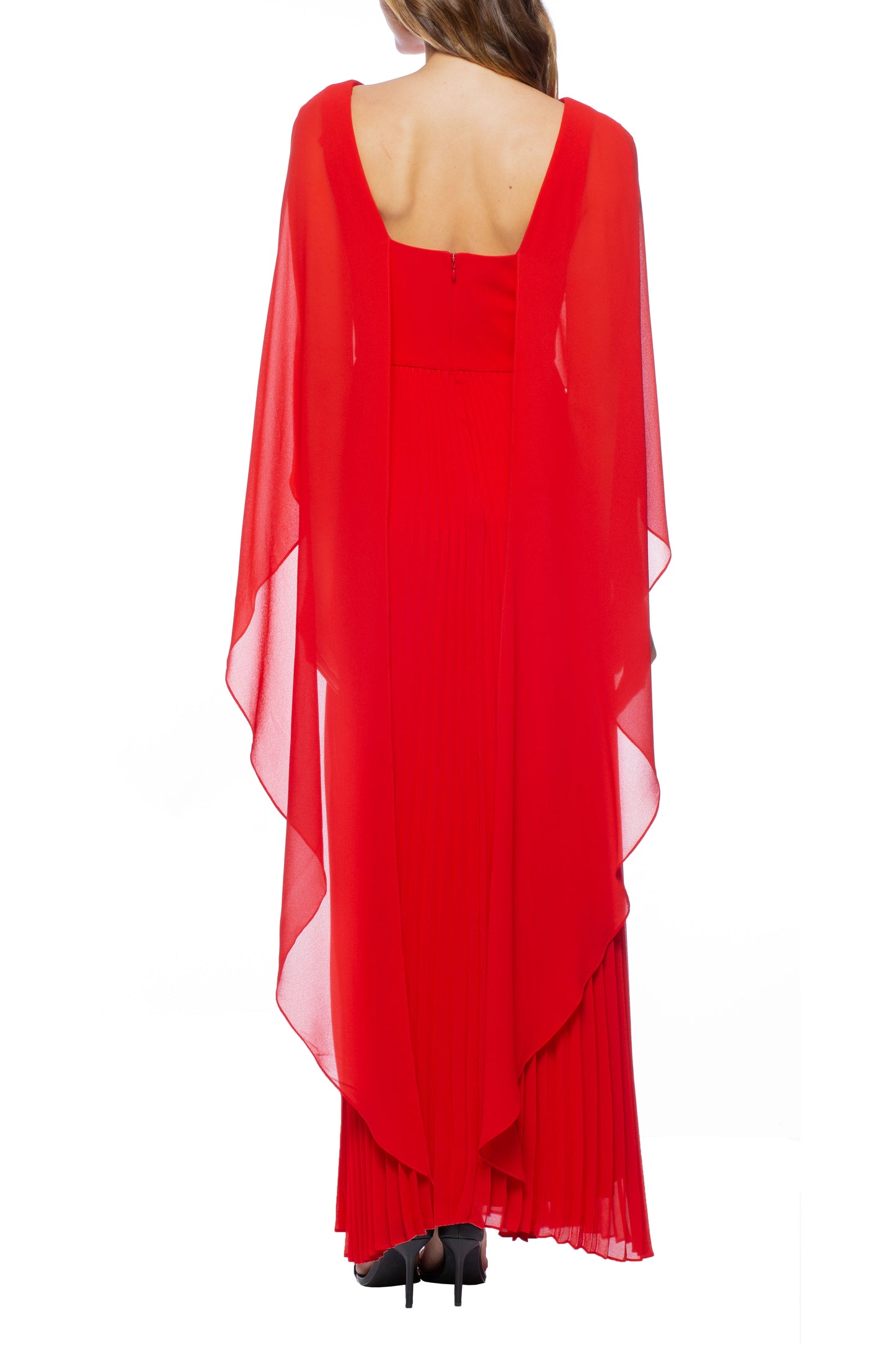 Marina boat neck capelet pleated front zipper closure solid crepe chiffon gown - Wholesale - RED - Back