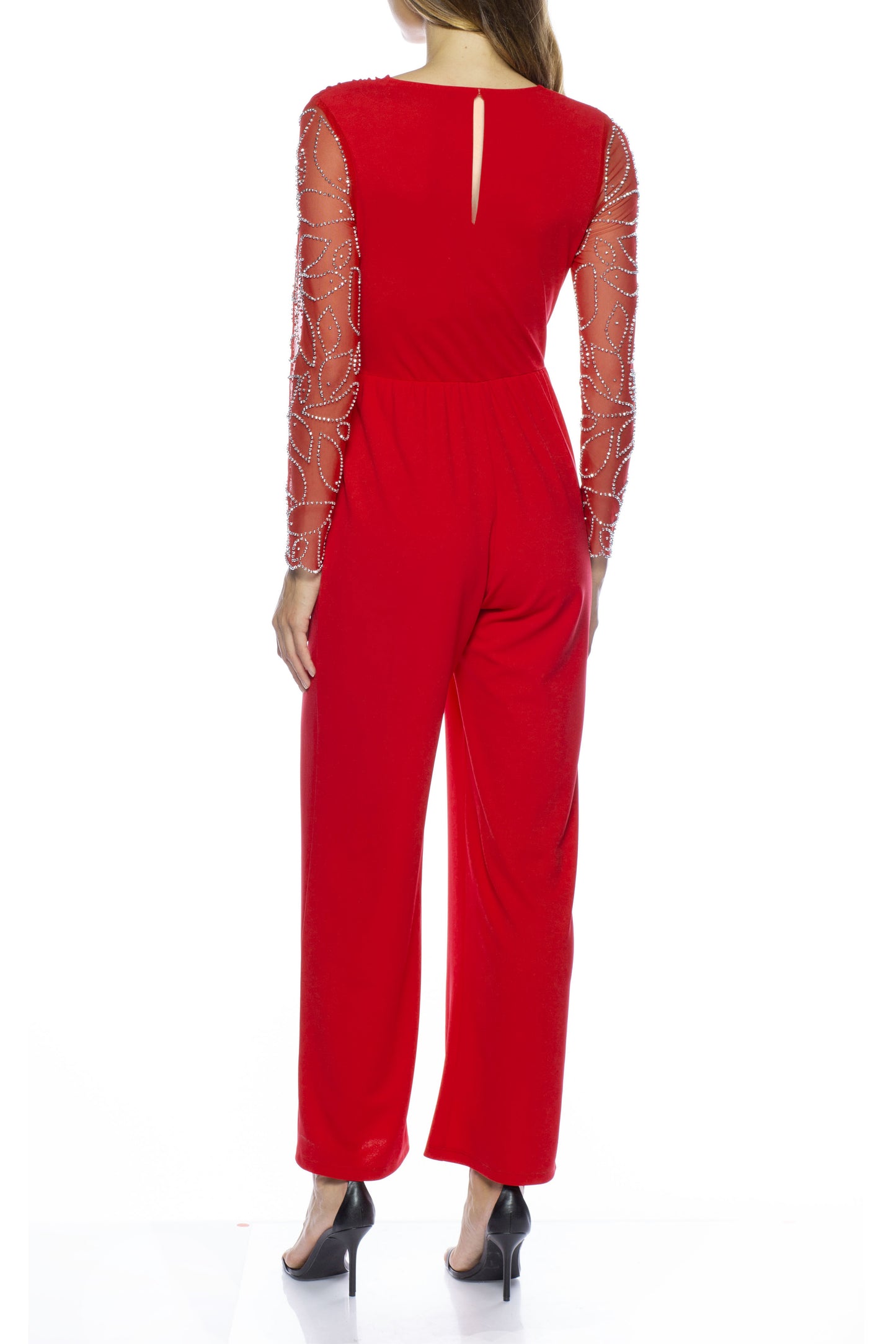 Marina V-Neck Embellished Long Sleeve Elastic Tie Waist Keyhole Back Solid Stretch Crepe Jumpsuit - RED - back