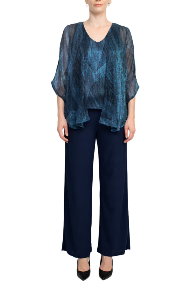 Marina V-Neck Metallic Top Mid Waist Solid Jersey Pant with Matching Metallic Jacket (3 Piece Set) - NAVY MULTI - Front