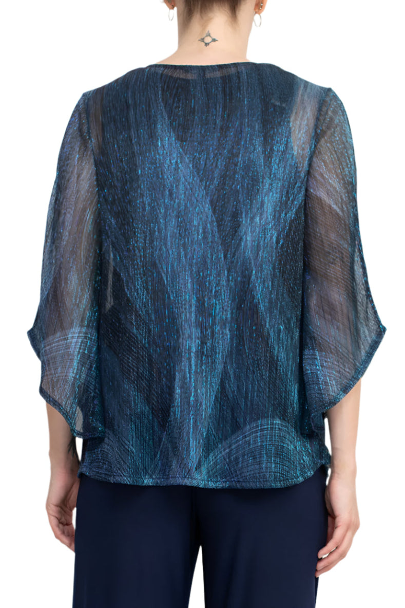 Marina V-Neck Metallic Top Mid Waist Solid Jersey Pant with Matching Metallic Jacket (3 Piece Set) - NAVY MULTI - Back