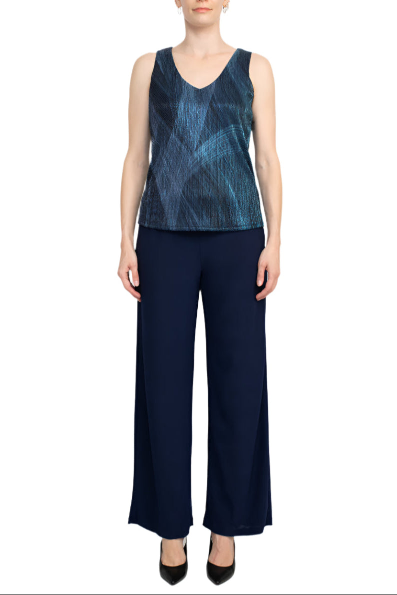 Marina V-Neck Metallic Top Mid Waist Solid Jersey Pant with Matching Metallic Jacket (3 Piece Set) - NAVY MULTI - Front Without Jacket