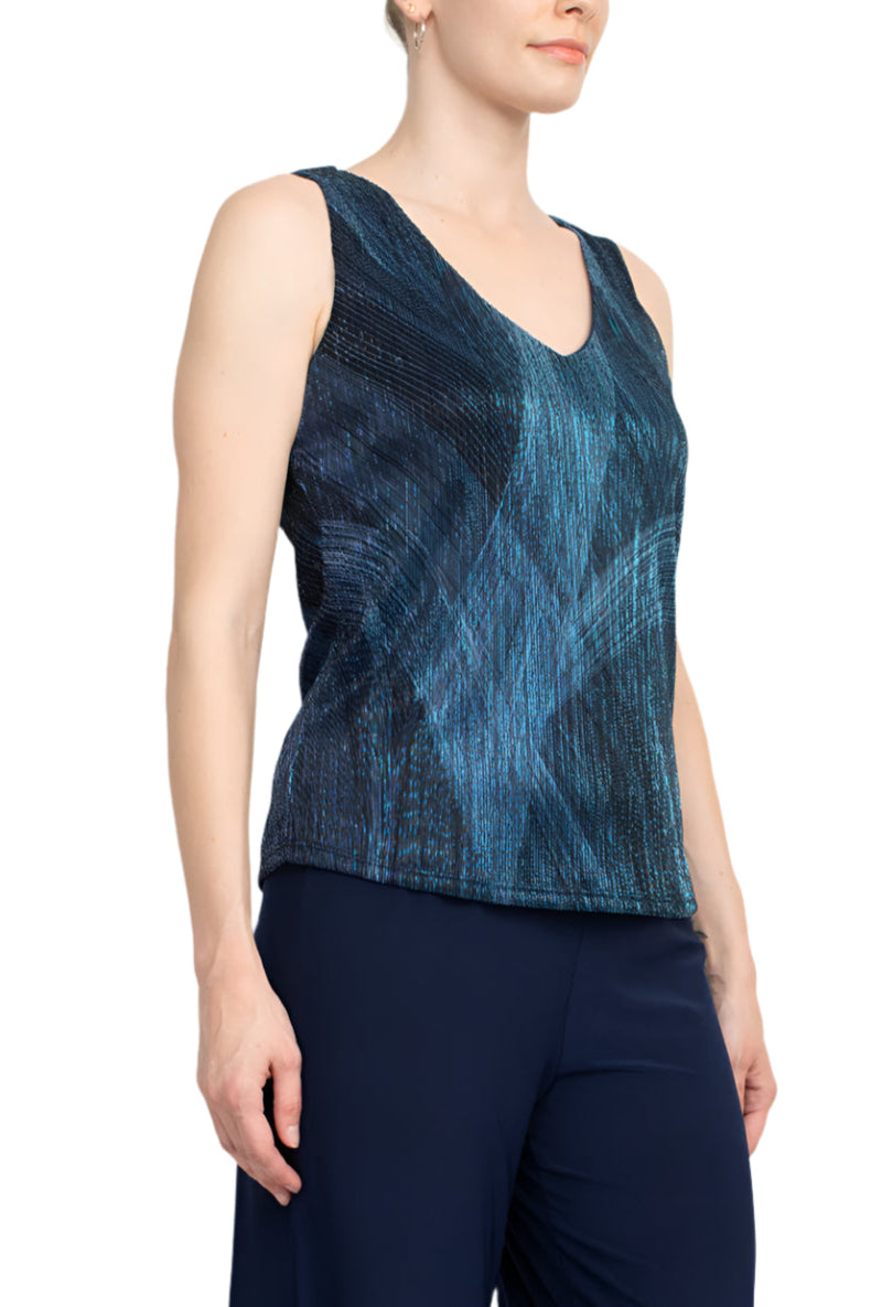 Marina V-Neck Metallic Top Mid Waist Solid Jersey Pant with Matching Metallic Jacket (3 Piece Set) - NAVY MULTI - Side Without Jacket