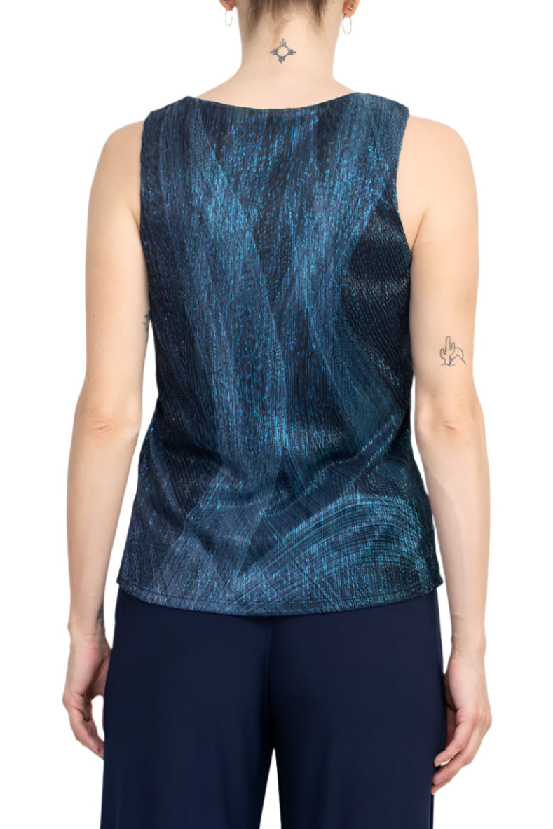Marina V-Neck Metallic Top Mid Waist Solid Jersey Pant with Matching Metallic Jacket (3 Piece Set) - NAVY MULTI - Back Without Jacket