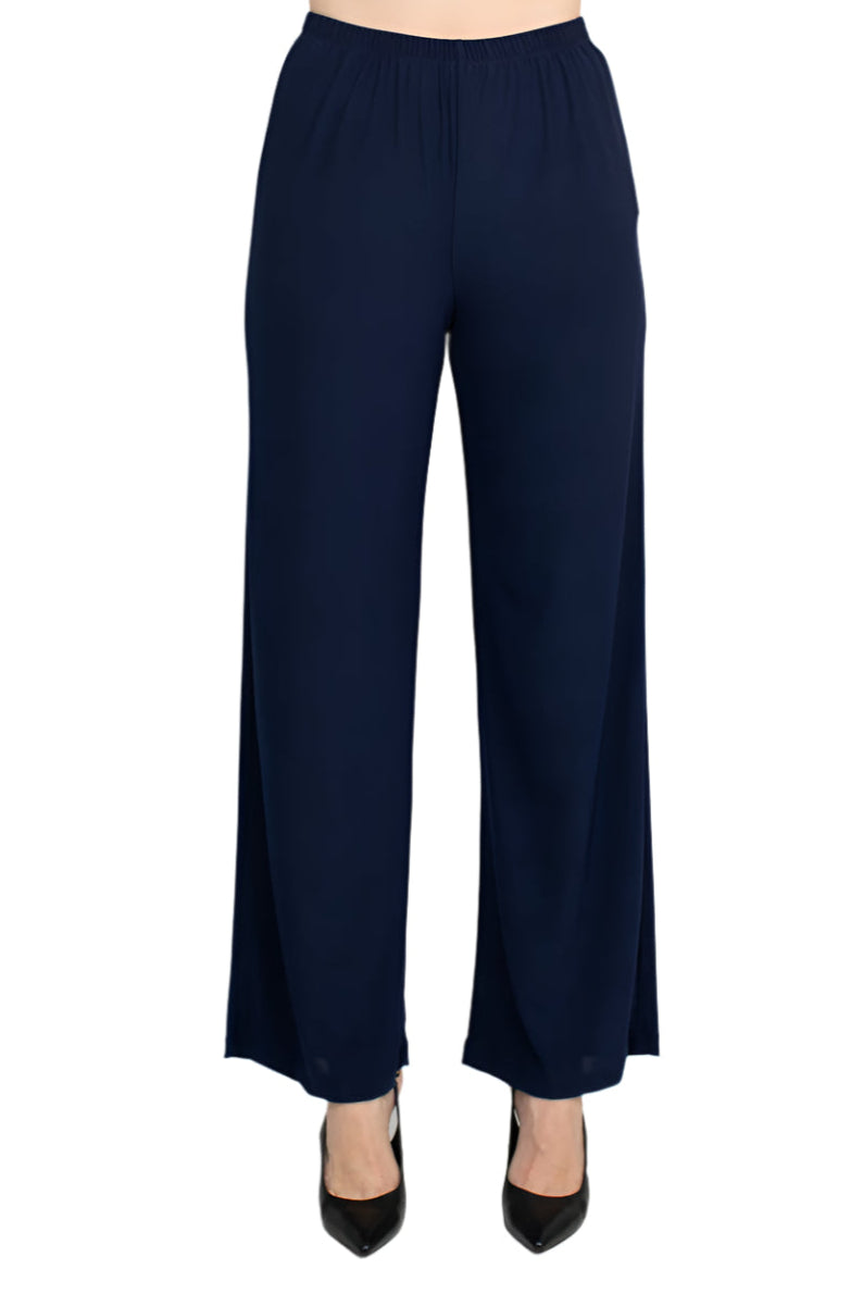 Marina V-Neck Metallic Top Mid Waist Solid Jersey Pant with Matching Metallic Jacket (3 Piece Set) - NAVY MULTI - Bottom Front