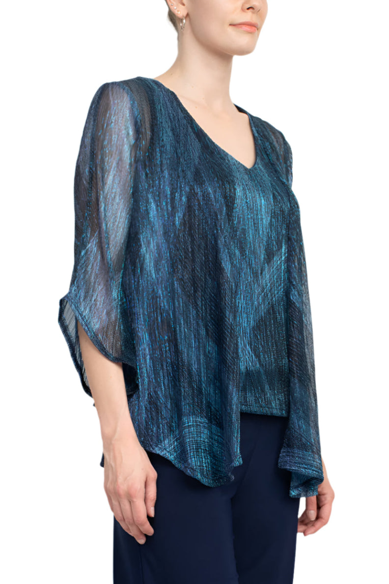 Marina V-Neck Metallic Top Mid Waist Solid Jersey Pant with Matching Metallic Jacket (3 Piece Set) - NAVY MULTI - Side