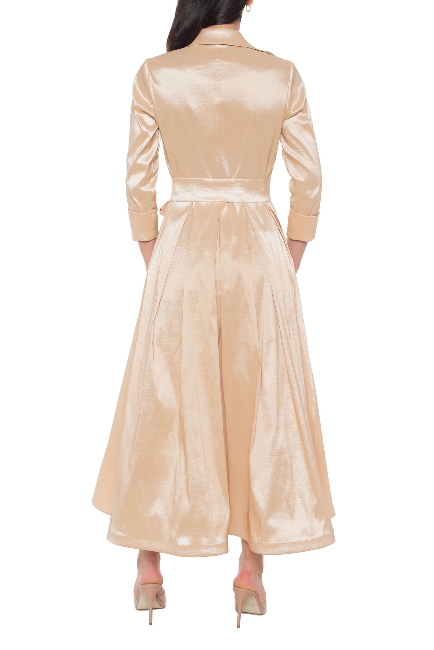 Marina Point Collar Neckline Waist-Tie Taffeta Midi A-Line Dress (Plus Size)