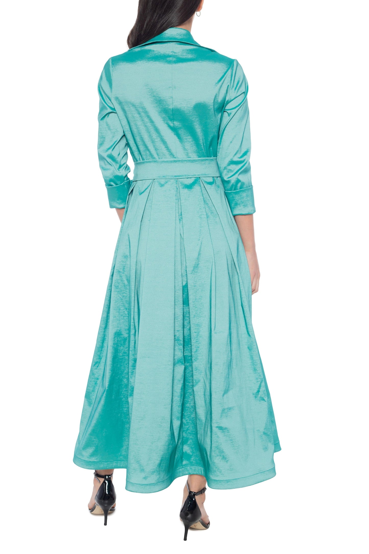 Marina 3/4 Sleeve Point Collar Neck Tie Waist Taffeta Midi A-LIne Dress