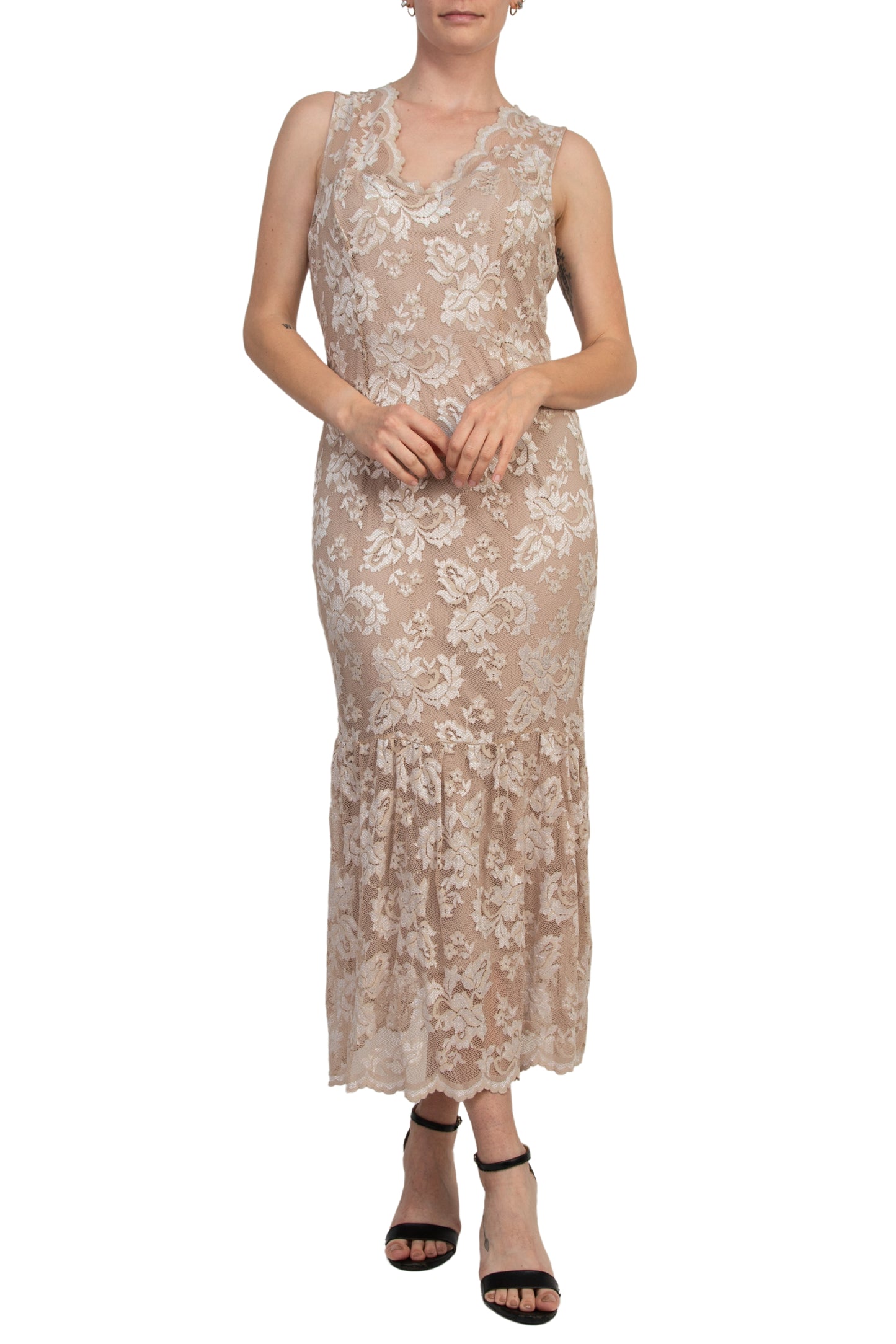 Marina Scallop Lace V-Neck Sleeveless A-Line Midi Dress - CHAMPAGNE - Front View