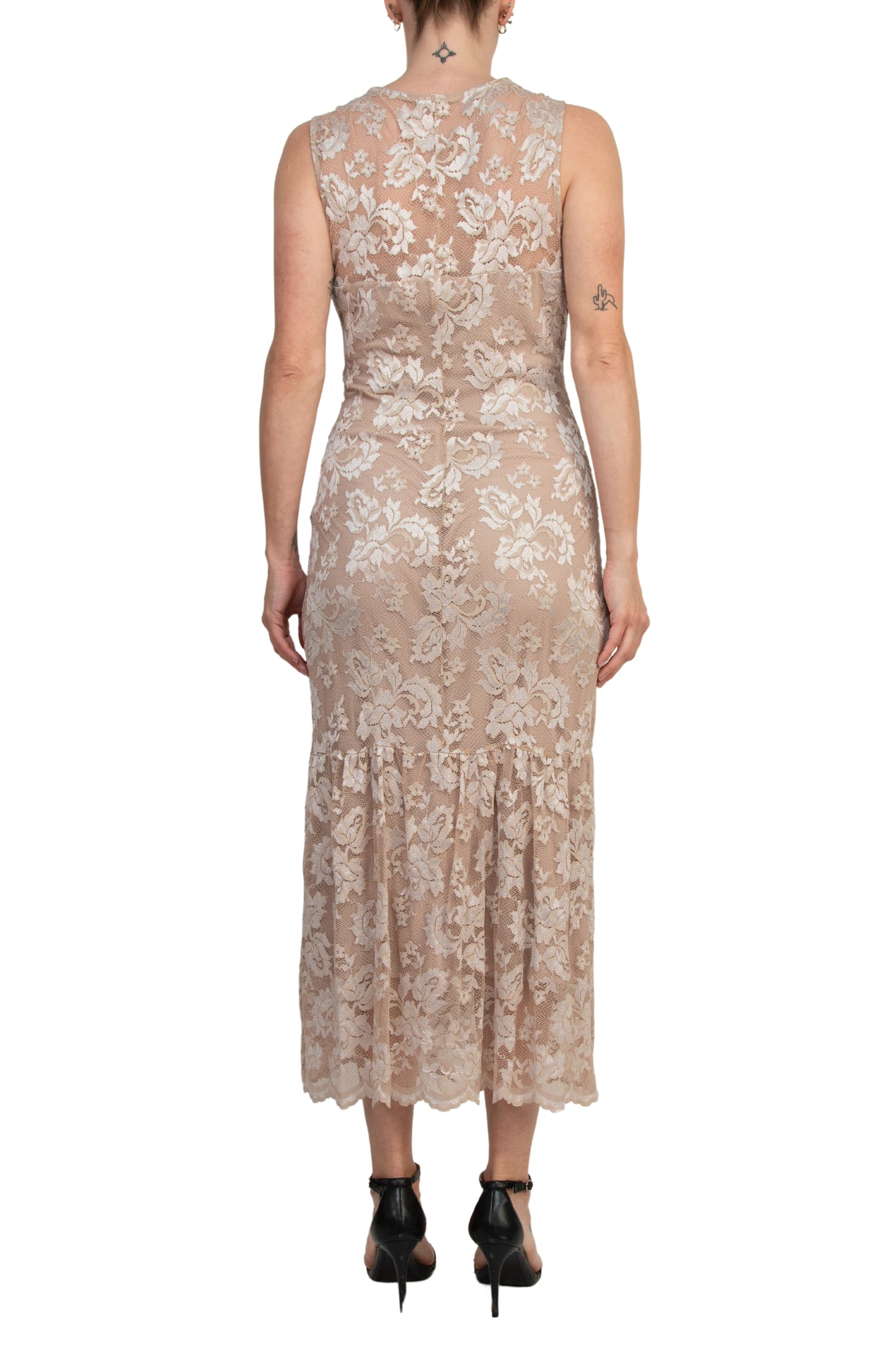 Marina Scallop Lace V-Neck Sleeveless A-Line Midi Dress - CHAMPAGNE - Back