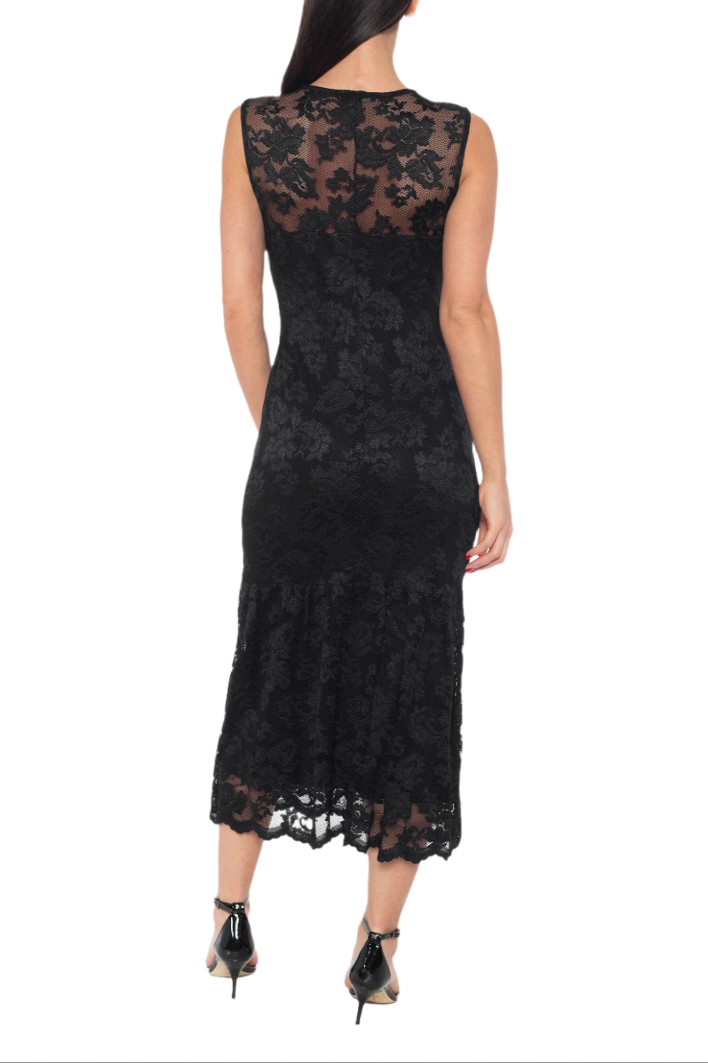 Marina Scallop Lace V-Neck Sleeveless A-Line Midi Dress - BLACK - Back