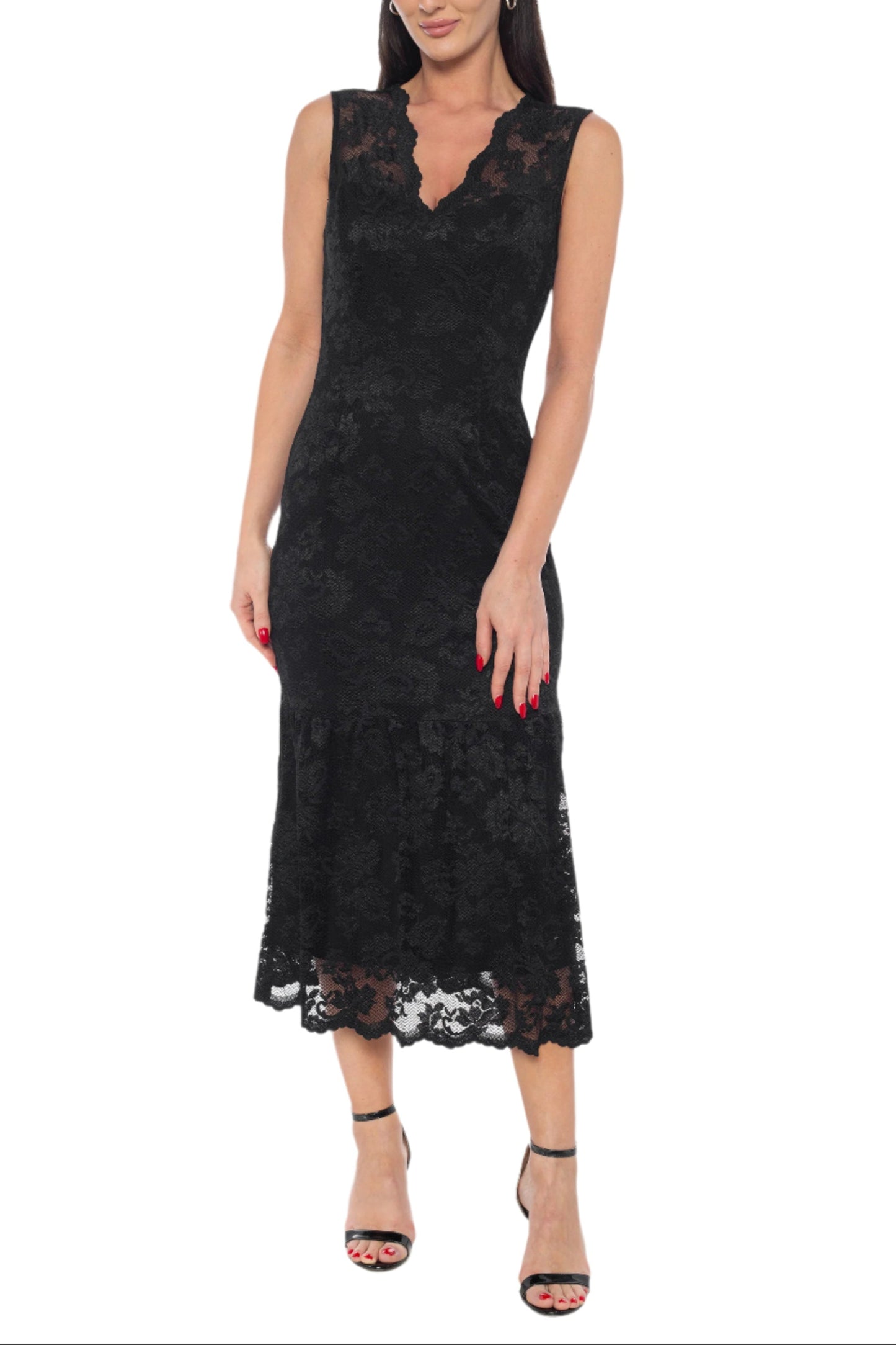Marina Scallop Lace V-Neck Sleeveless A-Line Midi Dress - BLACK - Front