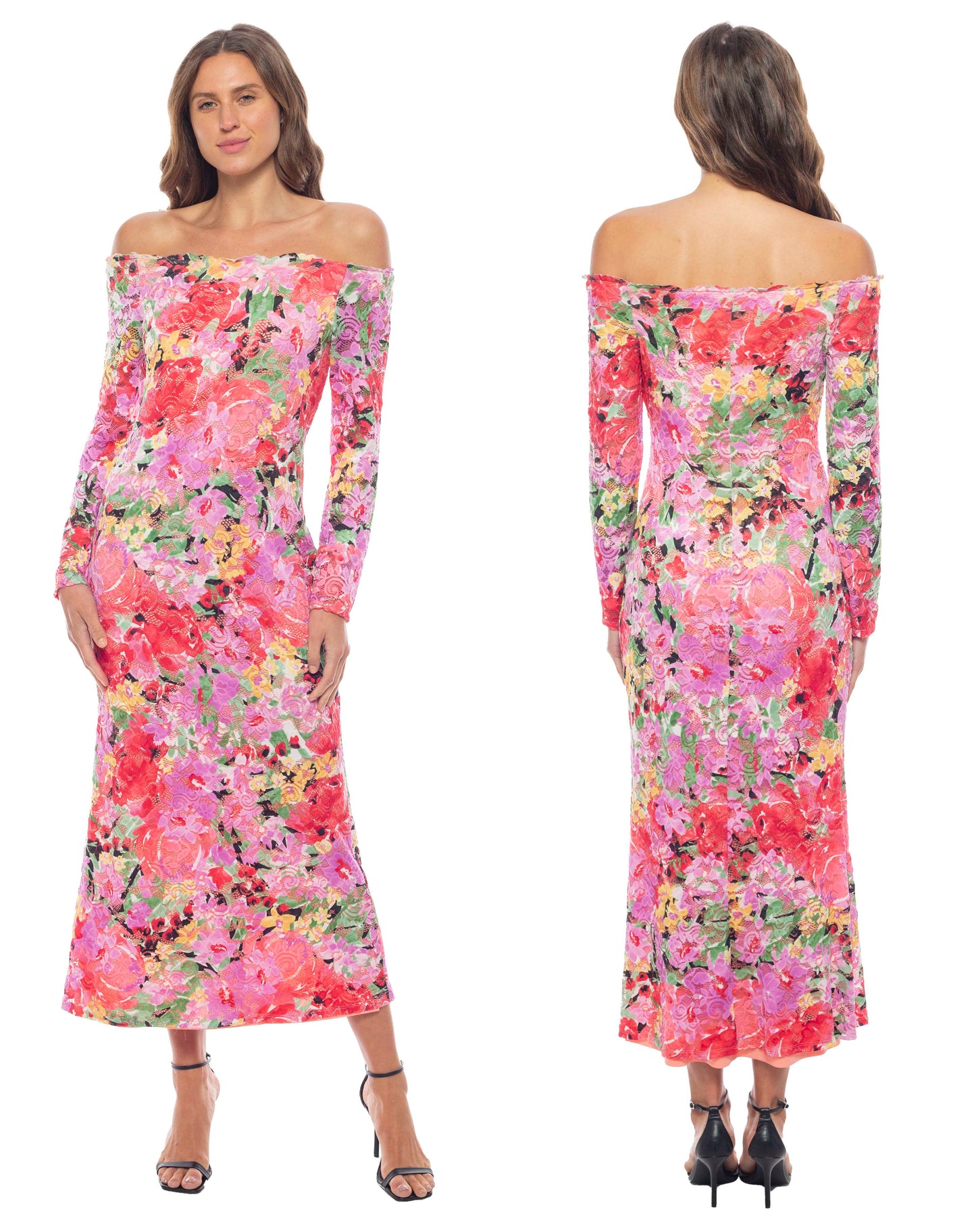 Marina Long Sleeve Off The Shoulder Scalloped Floral Maxi Dress