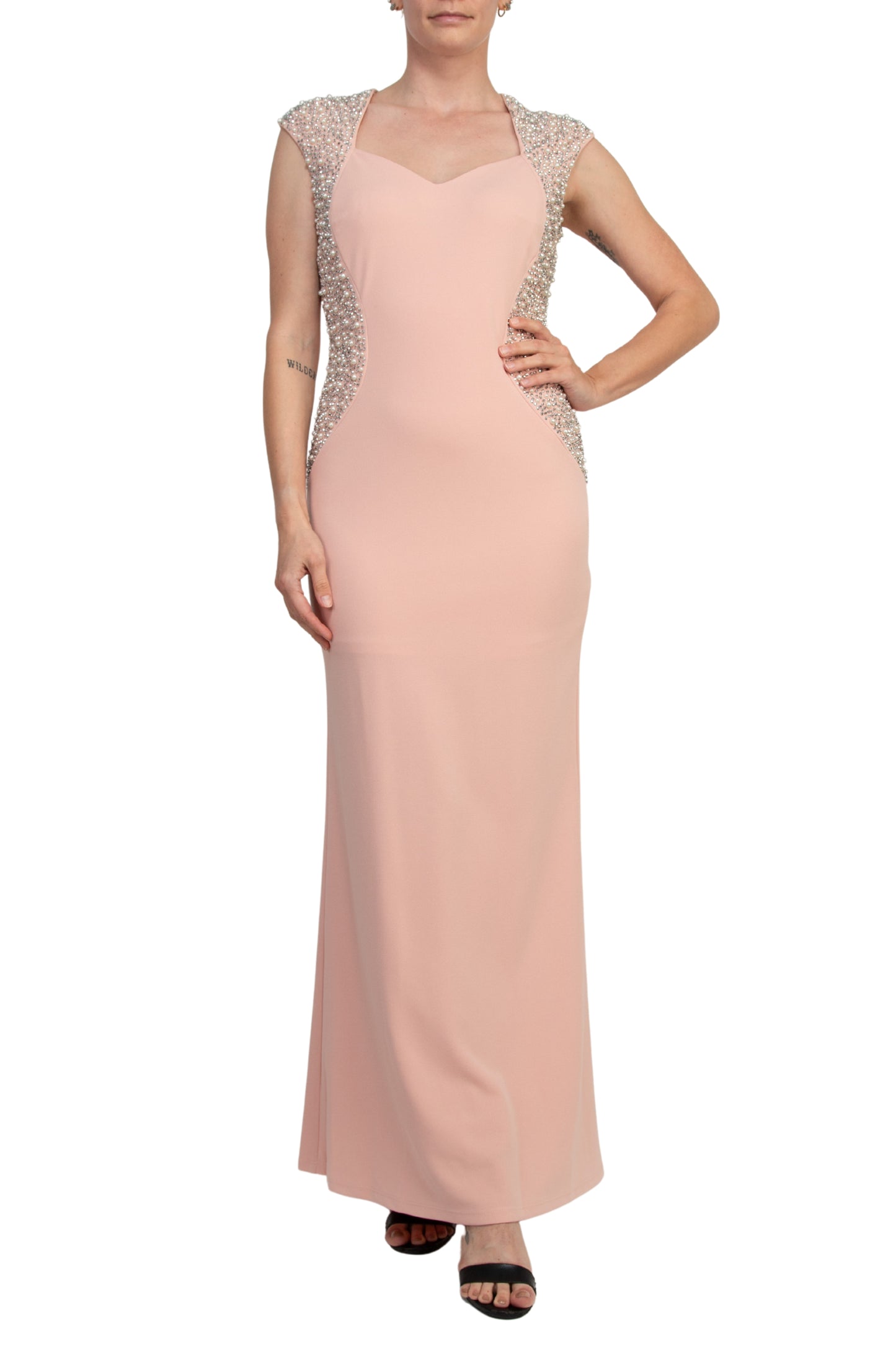 Marina Sweetheart Neck Cap Sleeve Beaded Side Bodice Sheath Dress - BLUSH - FRONT