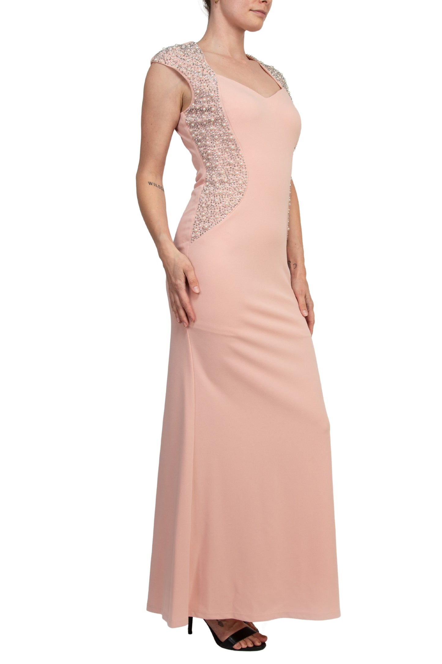 Marina Sweetheart Neck Cap Sleeve Beaded Side Bodice Sheath Dress - BLUSH - SIDE VIEW
