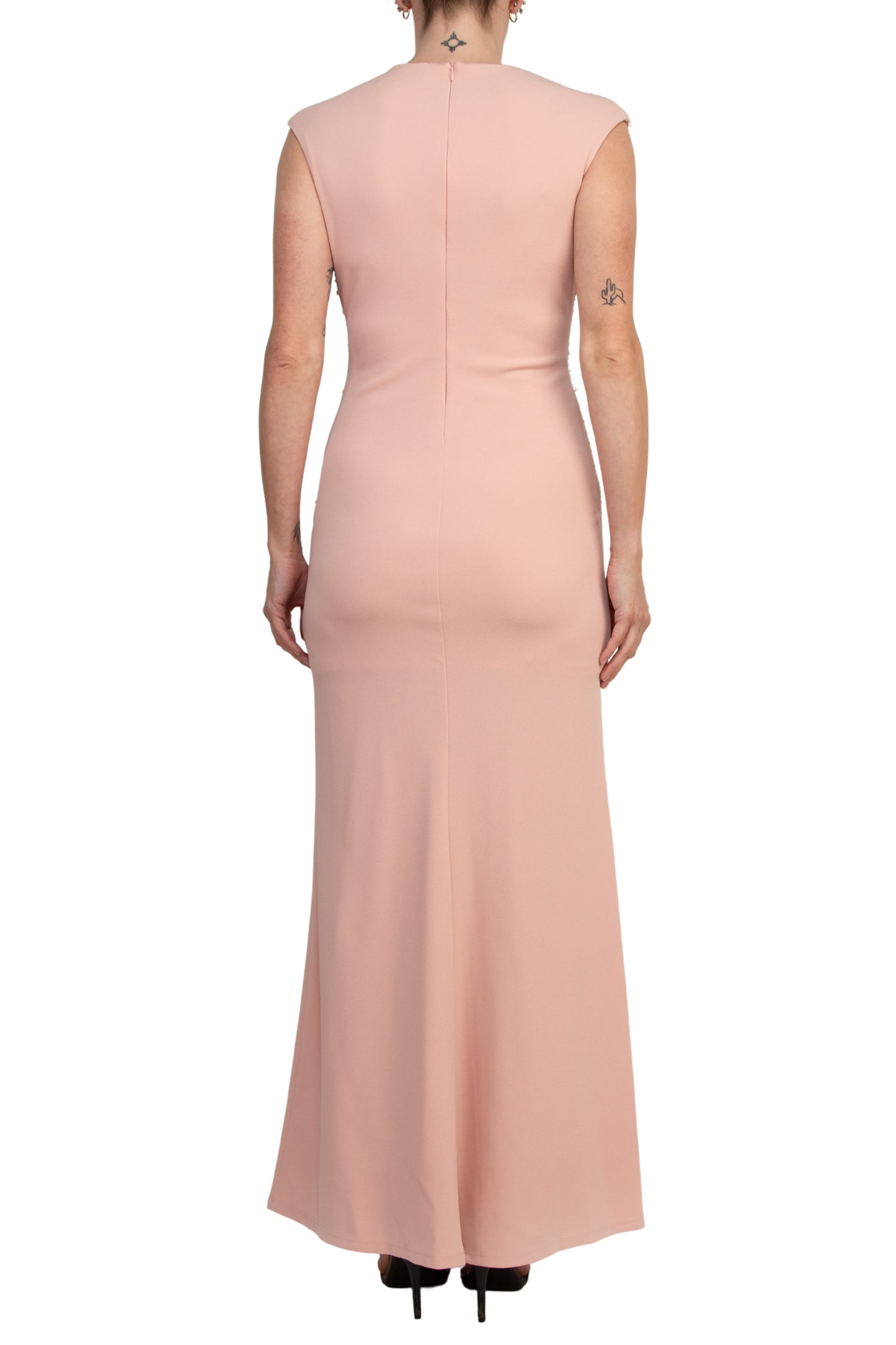 Marina Sweetheart Neck Cap Sleeve Beaded Side Bodice Sheath Dress - BLUSH - BACK VIEW