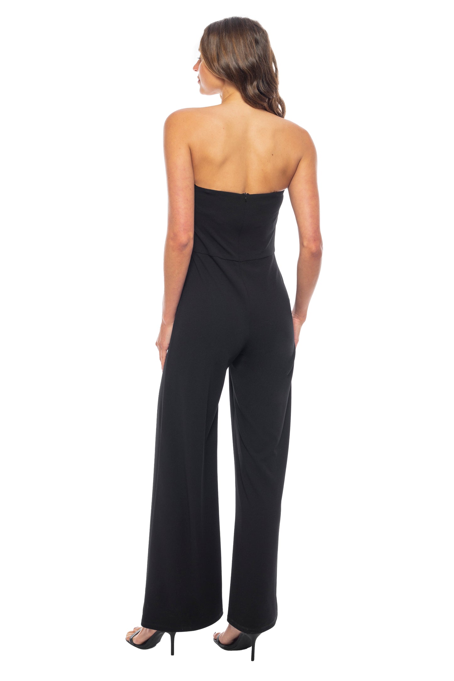 Marina Strapless Sleeveless Beaded Bodice Back Zipper Closure Wide-Leg Straight Hemline Jumpsuit - BLACK - Back