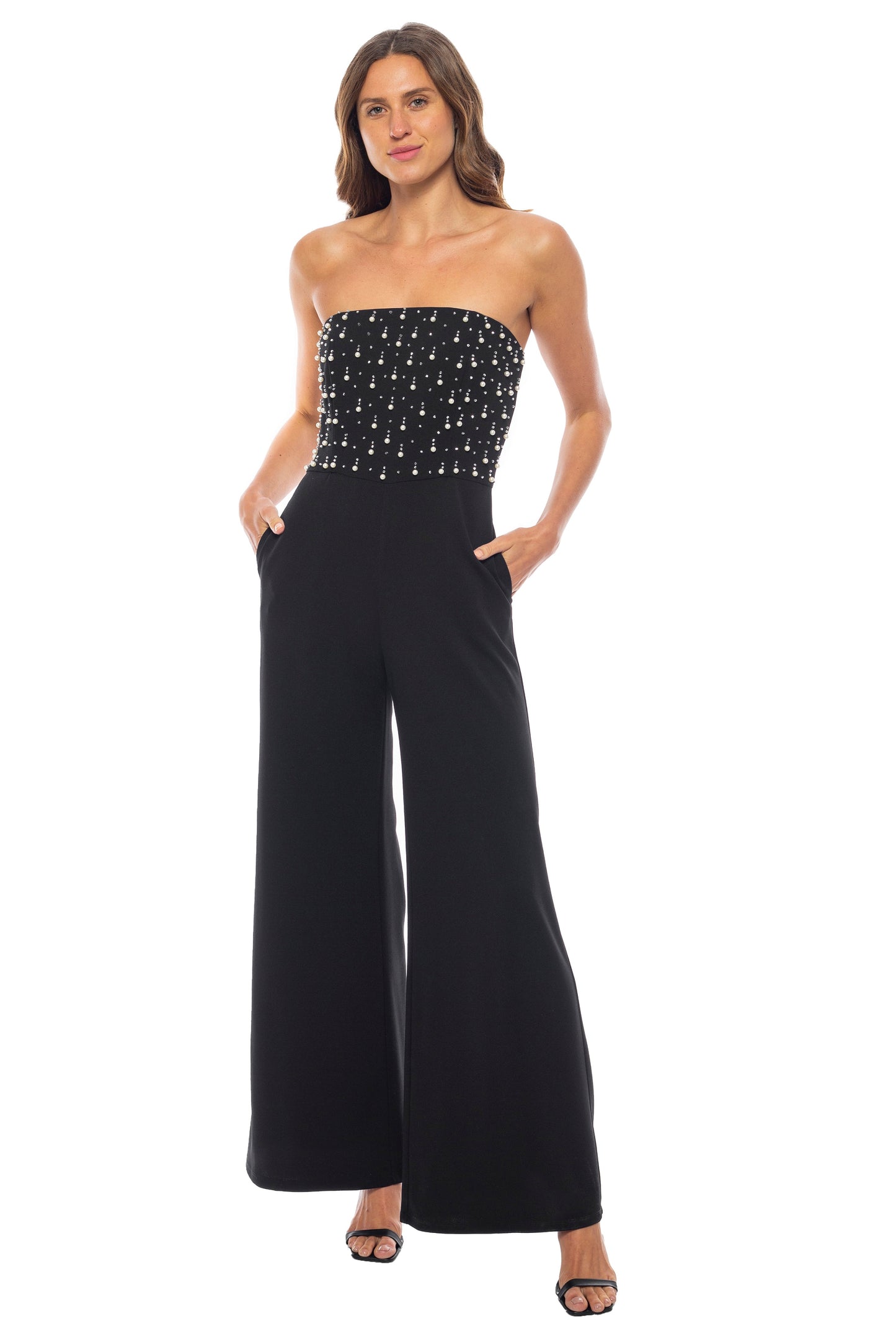 Marina Strapless Sleeveless Beaded Bodice Back Zipper Closure Wide-Leg Straight Hemline Jumpsuit - BLACK - Front