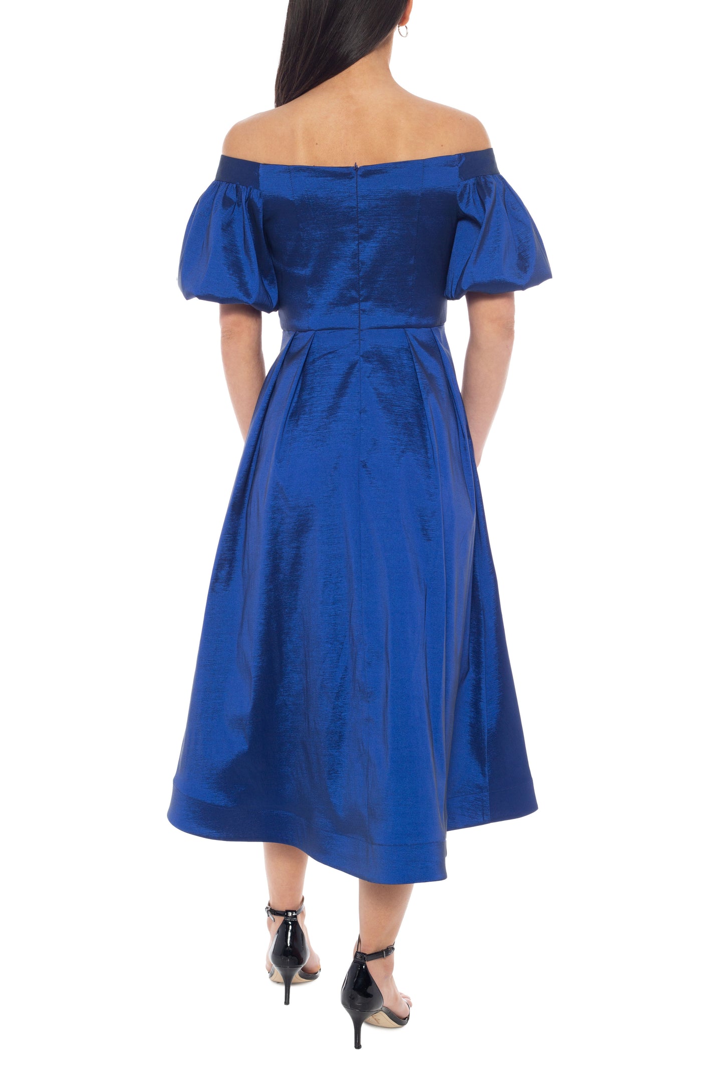 Marina Off-the-Shoulder Short Puff Sleeves Fit and Flare Silhouette Taffeta Dress - ROYAL - Back