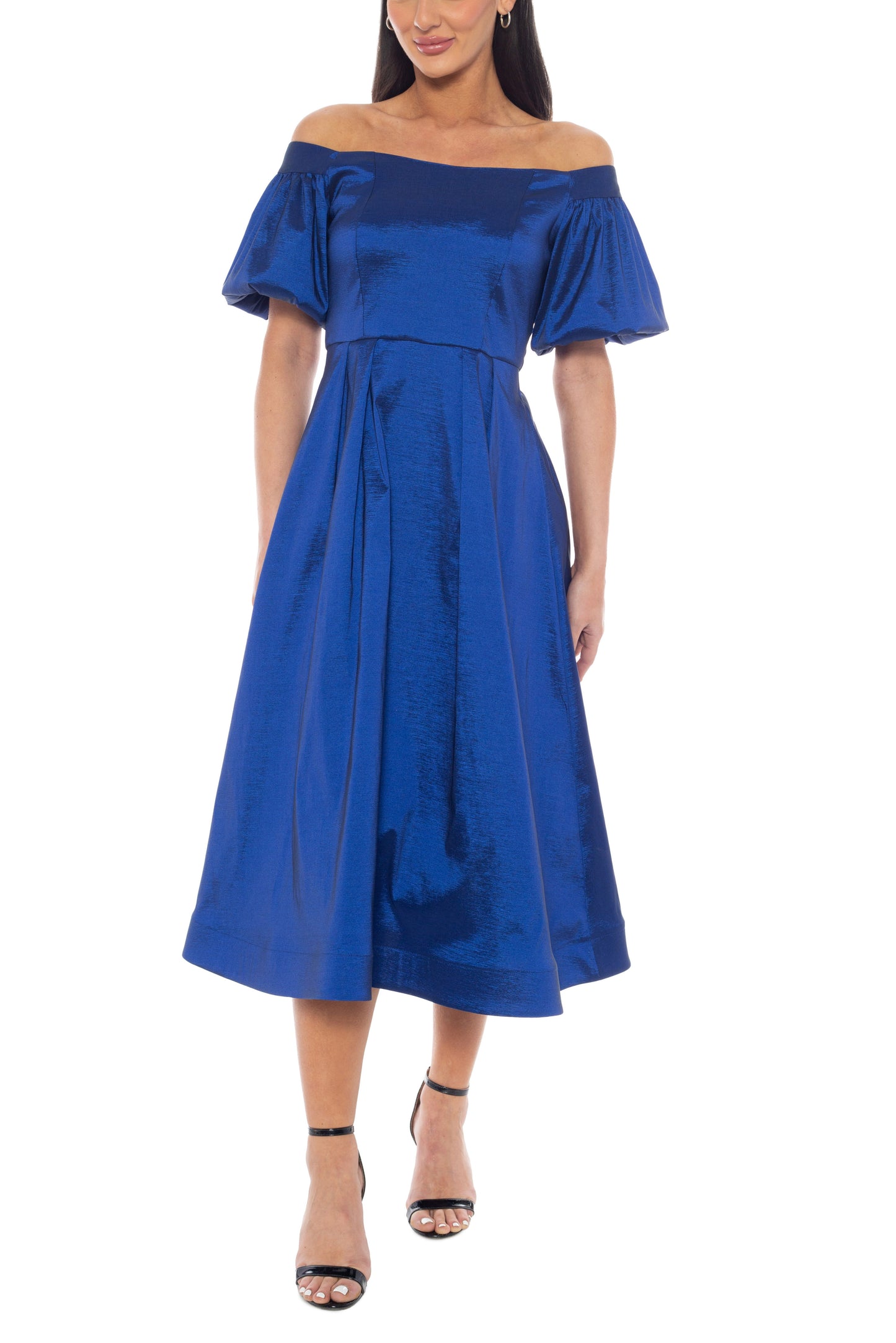 Marina Off-the-Shoulder Short Puff Sleeves Fit and Flare Silhouette Taffeta Dress - ROYAL - Front