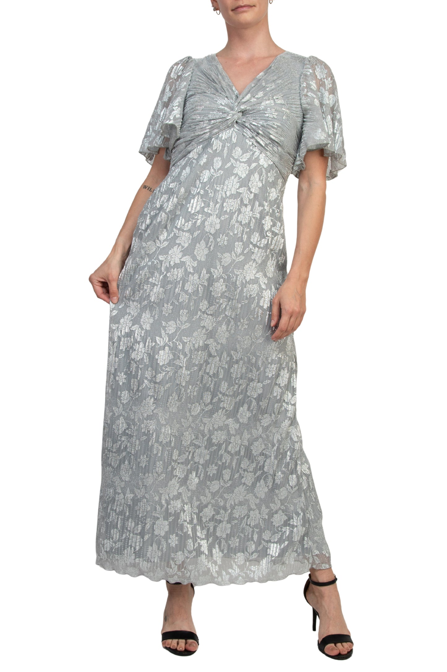 Marina V-Neckline Short Sleeves Pleated Silver Foil Gown - SILVER - FRONT FULL VIEW