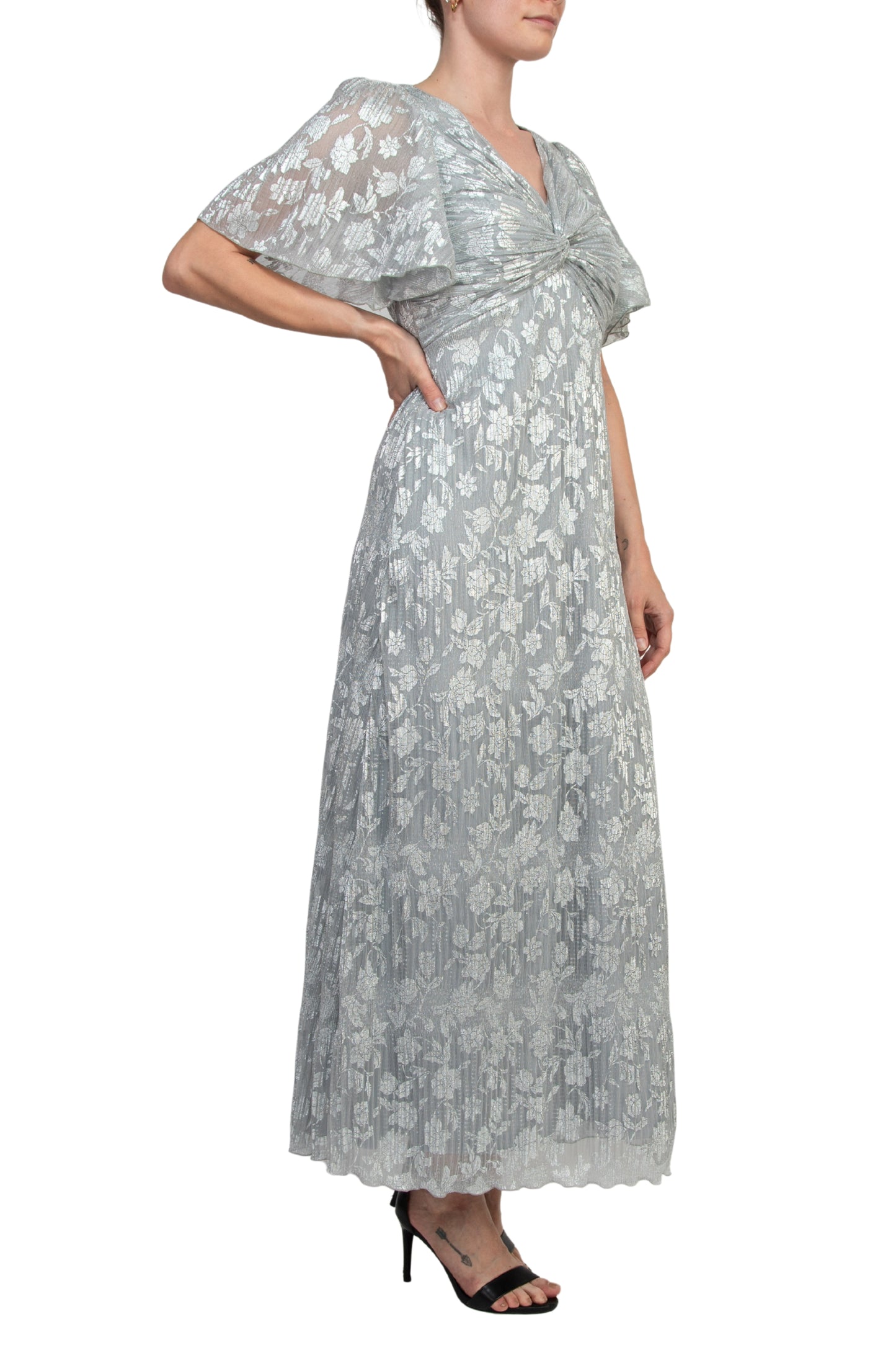Marina V-Neckline Short Sleeves Pleated Silver Foil Gown - SILVER - SIDE