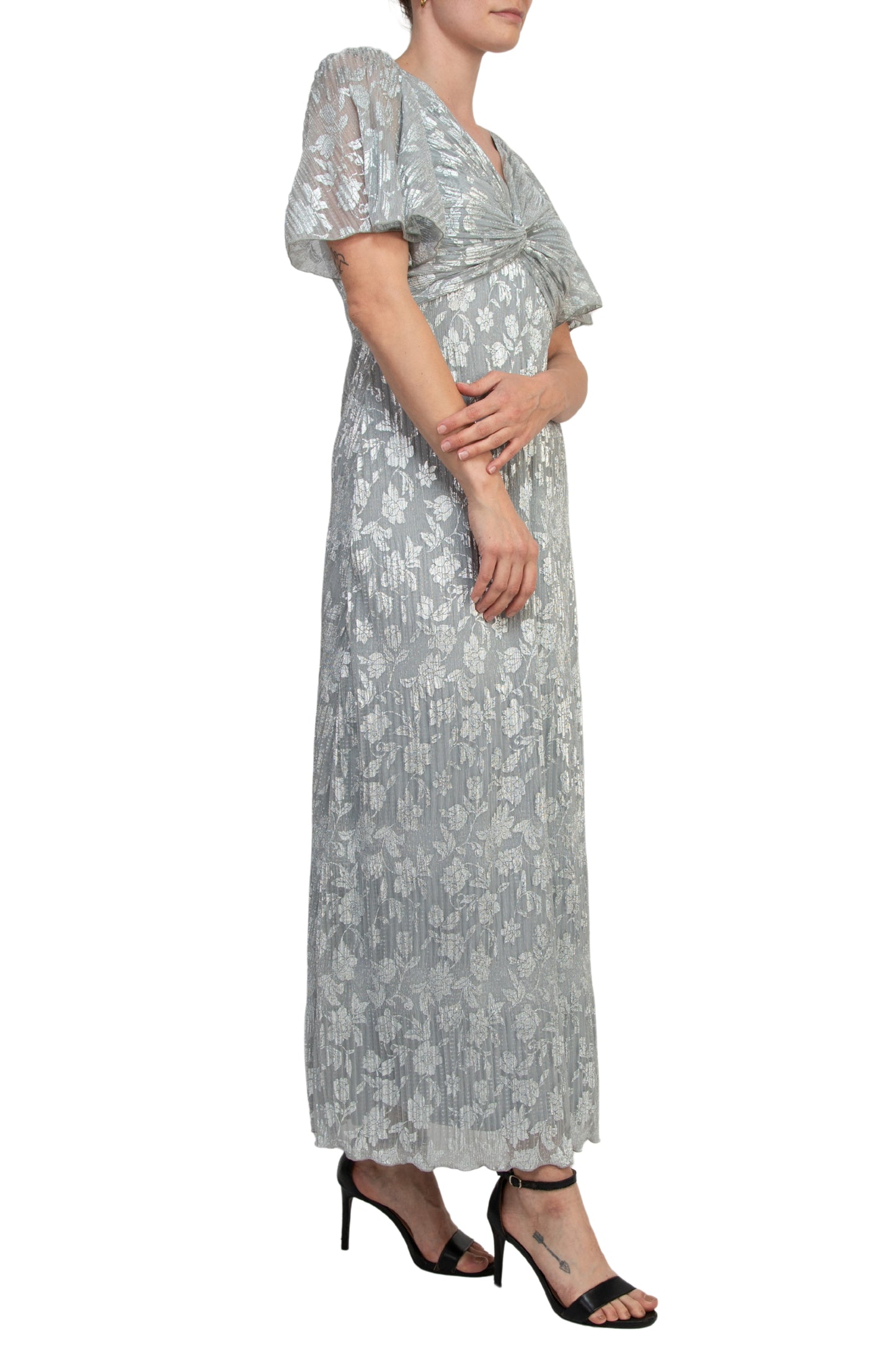 Marina V-Neckline Short Sleeves Pleated Silver Foil Gown - SILVER - SIDE VIEW