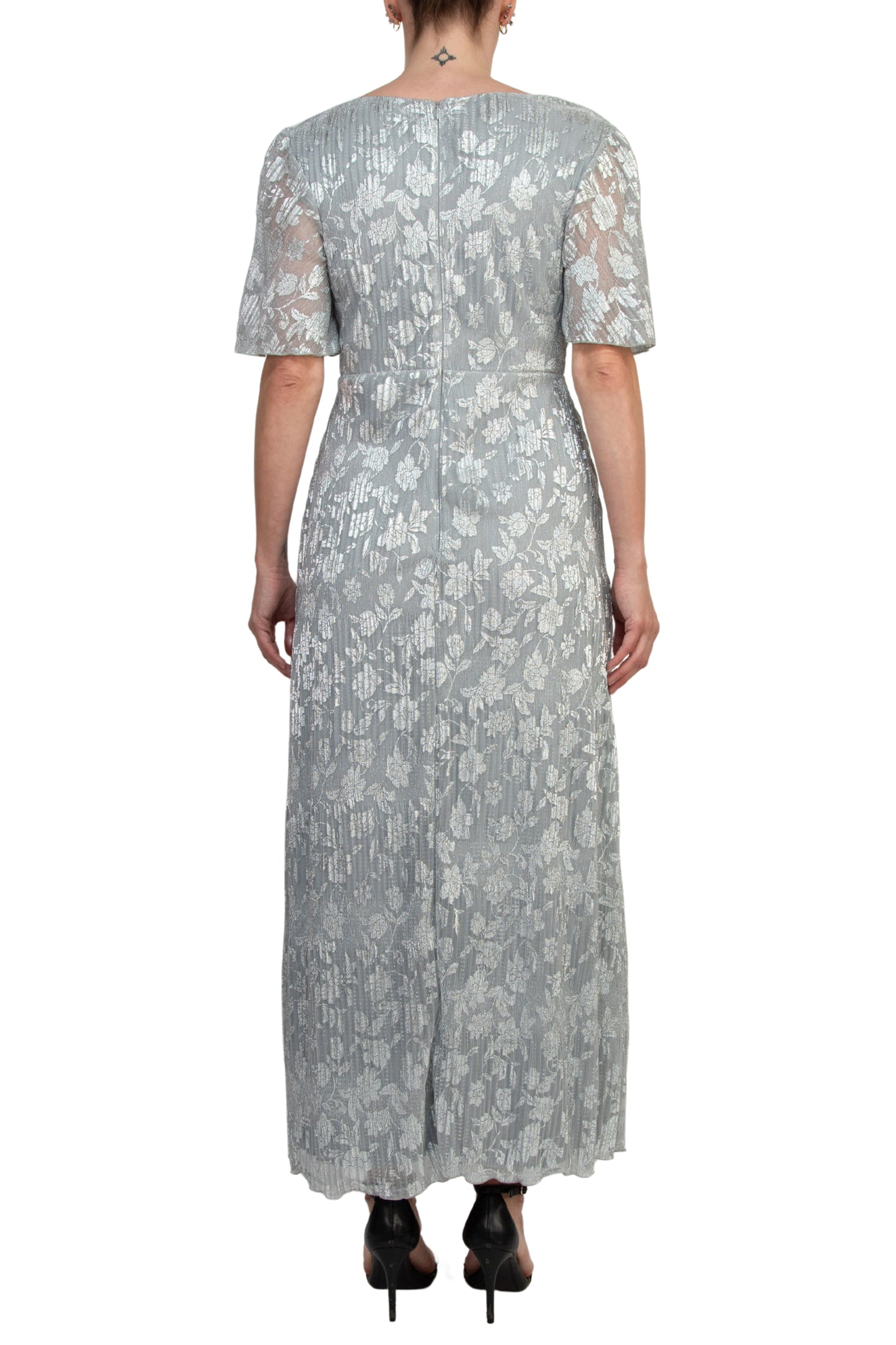 Marina V-Neckline Short Sleeves Pleated Silver Foil Gown - SILVER - BACK VIEW