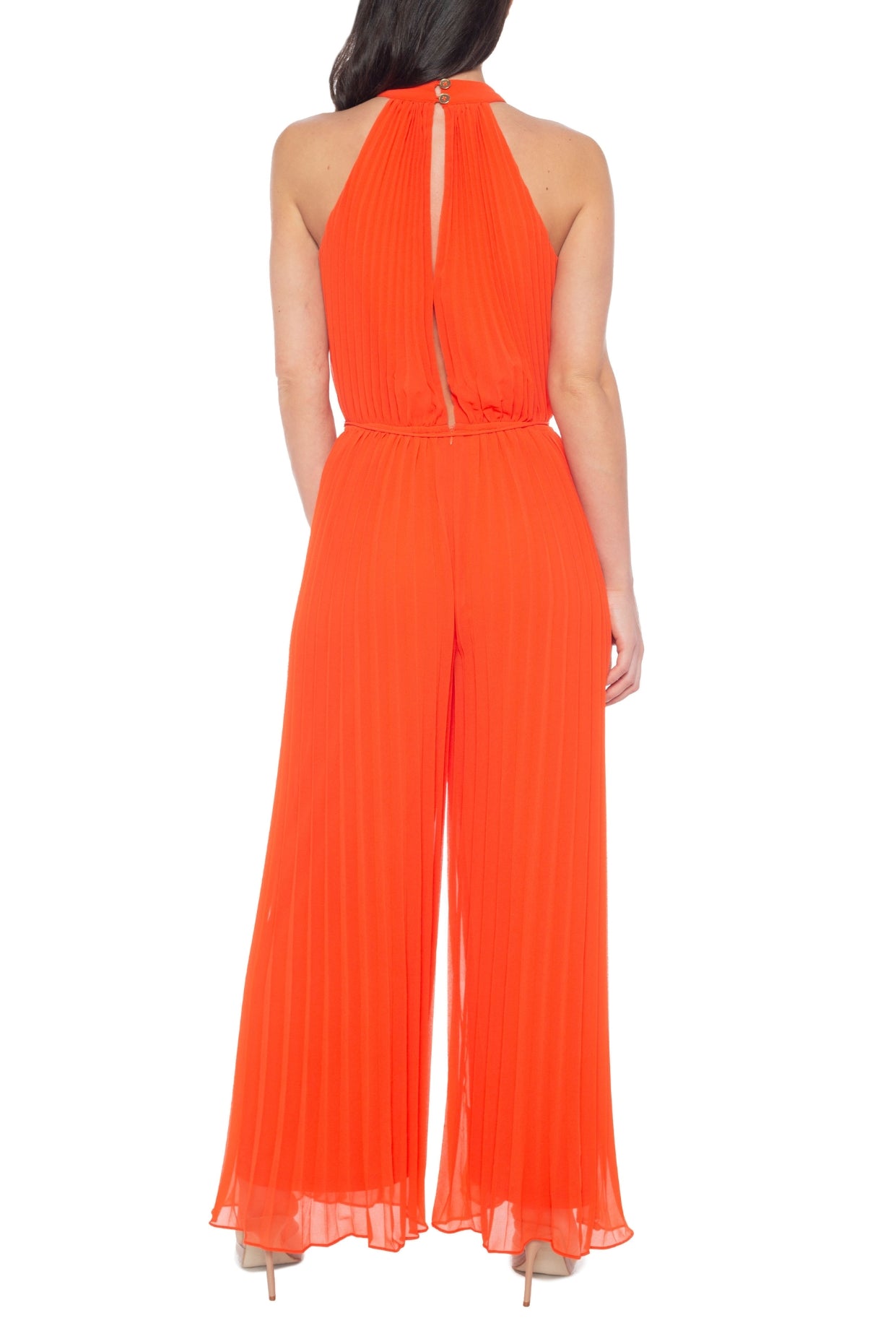 Marina Halter Neckline Sleeveless Cutaway Shoulders Keyhole Button Closure Back Wide Leg Jumpsuit Dress - ORANGE - Back