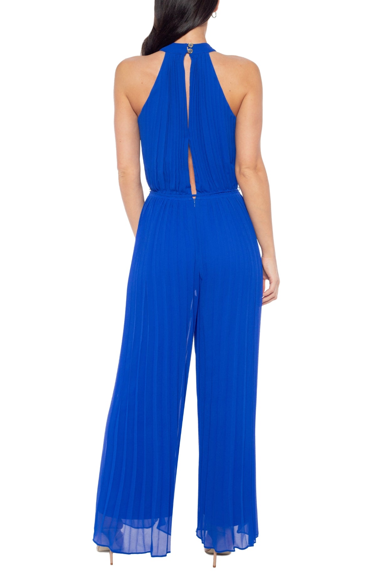 Marina Halter Neckline Sleeveless Cutaway Shoulders Keyhole Button Closure Back Wide Leg Jumpsuit Dress - ROYAL - Back