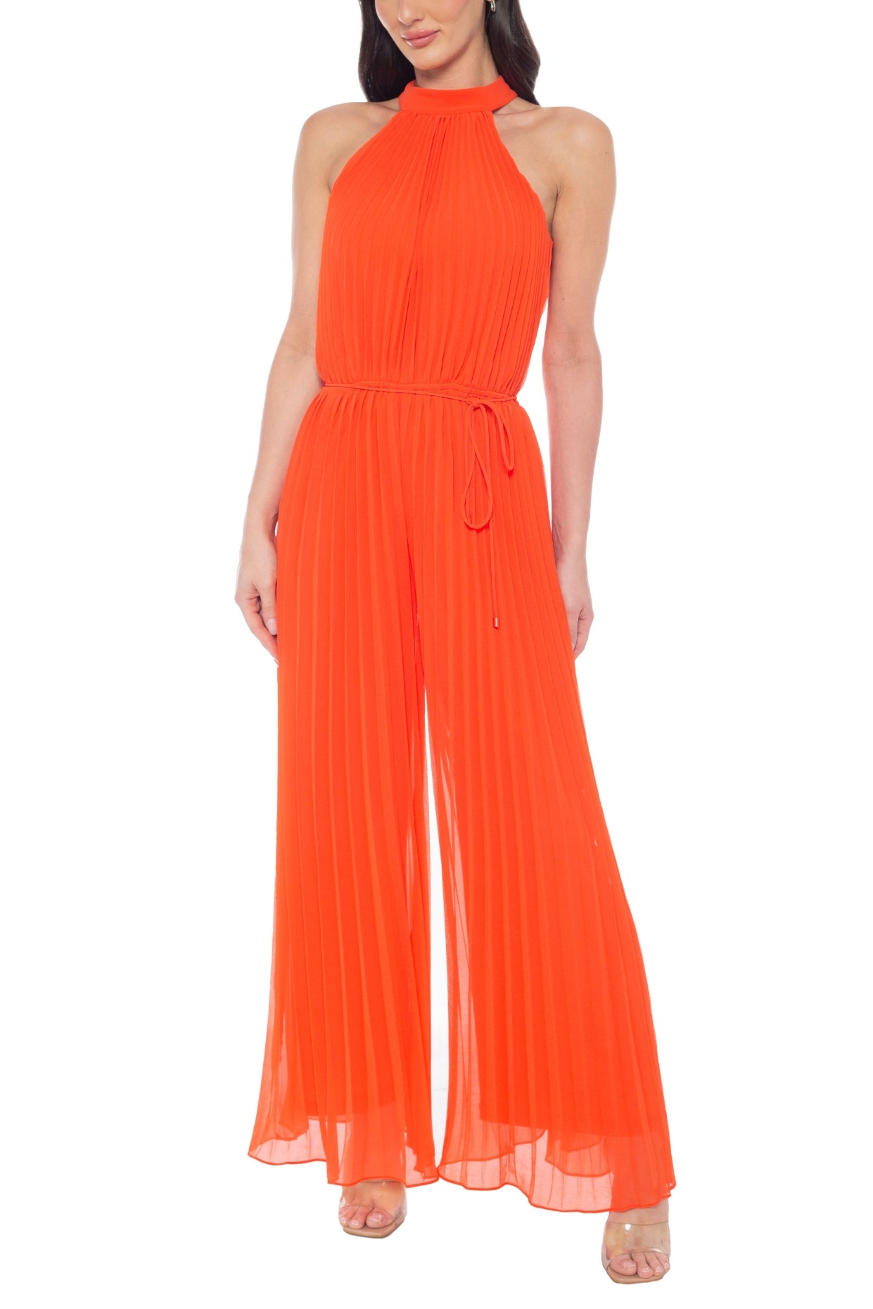 Marina Halter Neckline Sleeveless Cutaway Shoulders Keyhole Button Closure Back Wide Leg Jumpsuit Dress - ORANGE - Front