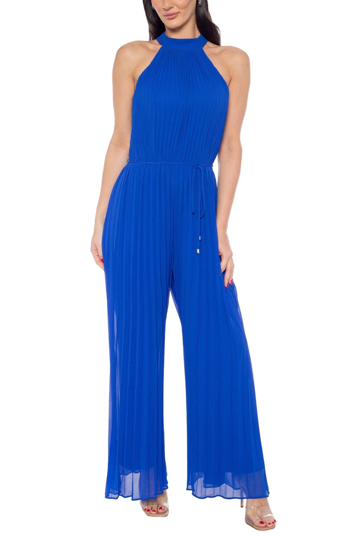 Marina Halter Neckline Sleeveless Cutaway Shoulders Keyhole Button Closure Back Wide Leg Jumpsuit Dress - ROYAL - Front