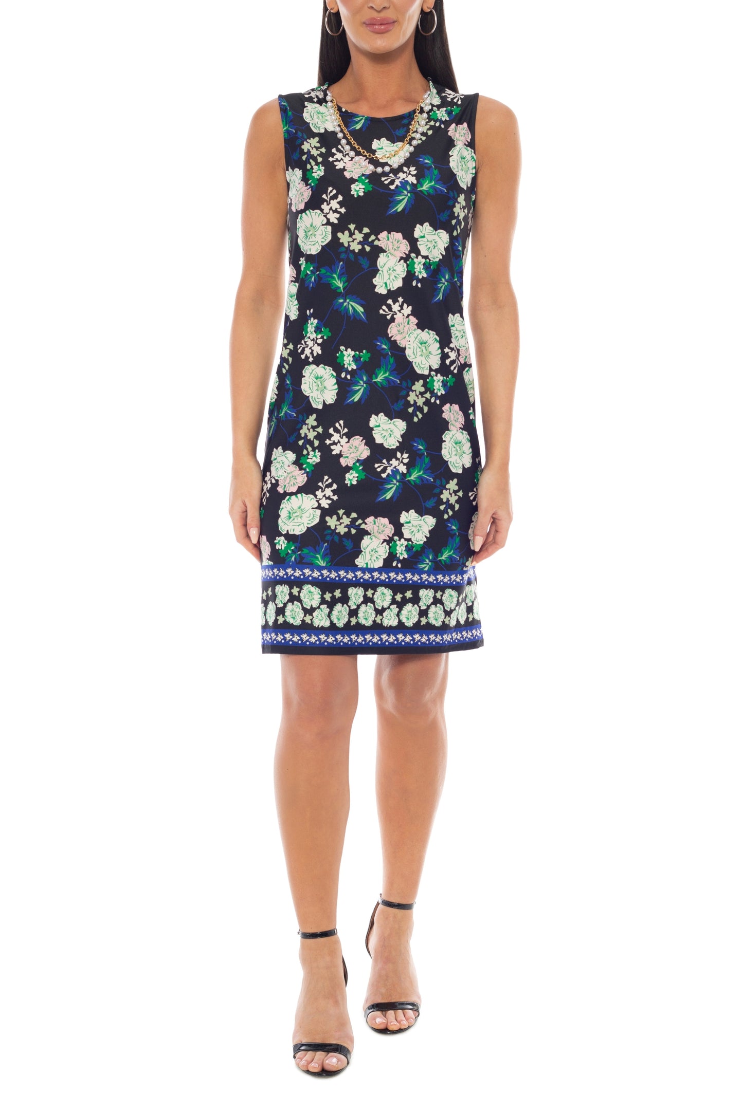 Marina Round Neckline Floral Print Sleeveless Dress Three-Quarter Sleeve Jacket With Necklace